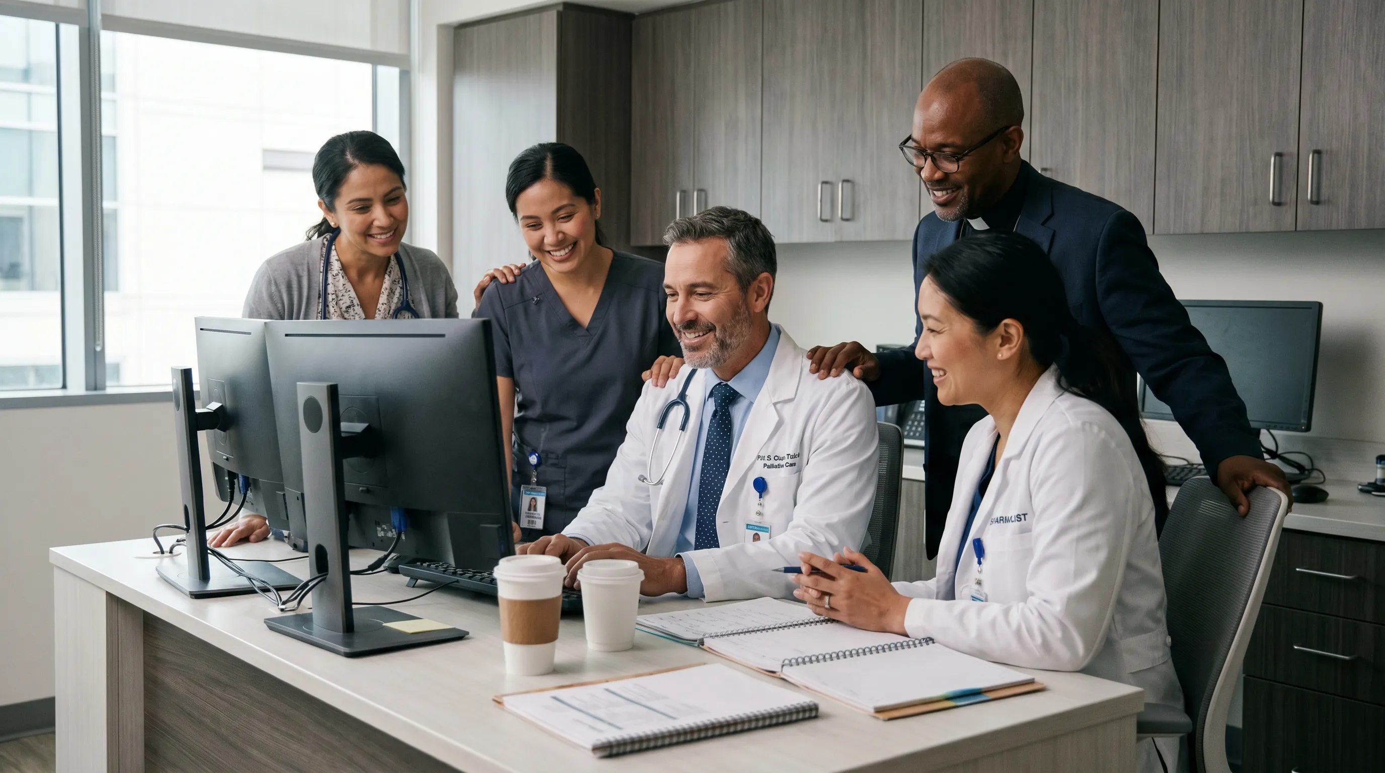 A multidisciplinary healthcare team collaborating around a patient chart in a modern palliative care unit, displaying empathy and professional coordination, soft gray and blue color grading