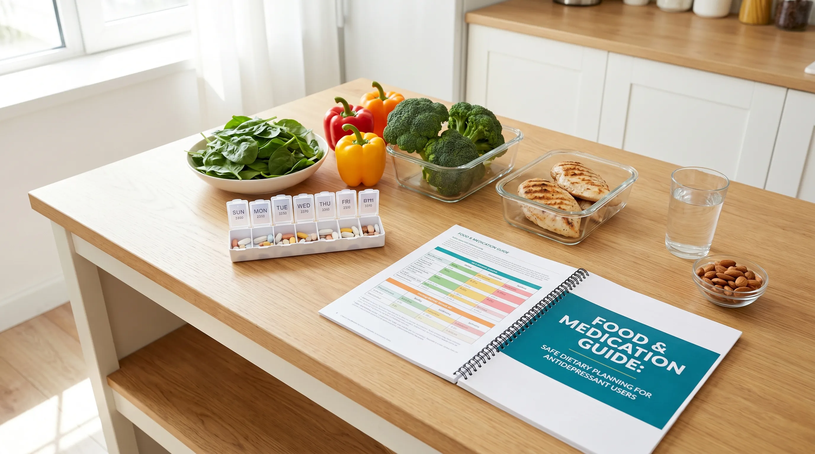A balanced, colorful meal setup with lean proteins, fresh vegetables, and whole grains, representing a brain-supportive diet for medication users.