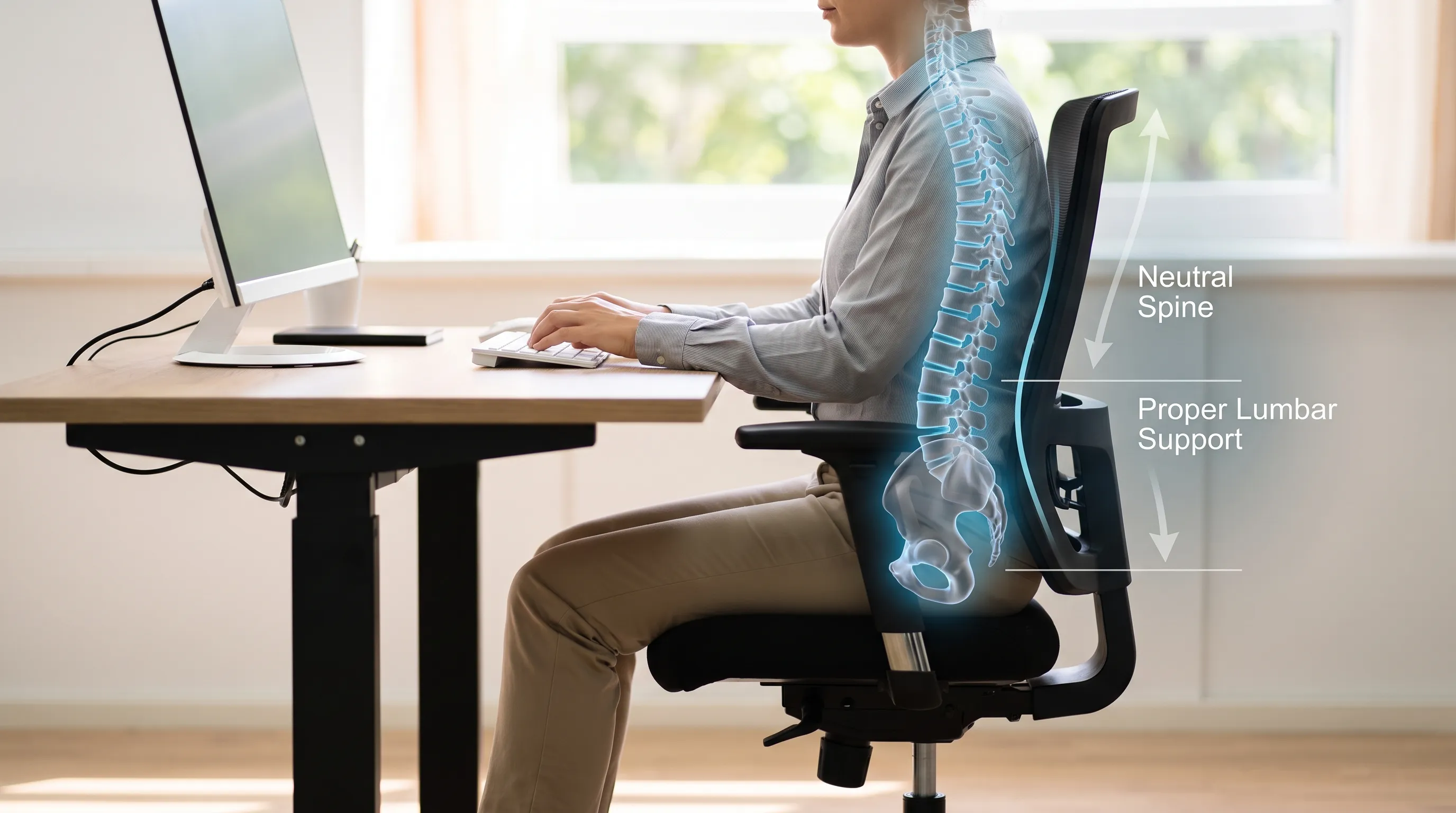 Side view of an ergonomically optimized workstation demonstrating neutral spinal alignment with proper monitor height and supportive chair