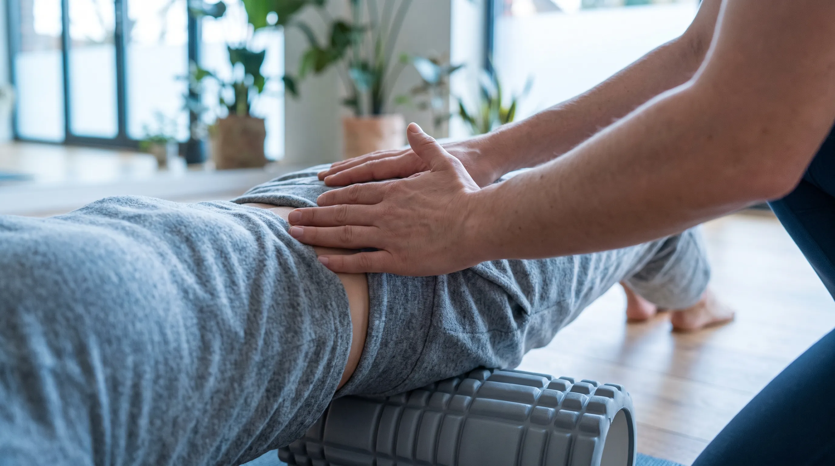 Close-up lifestyle photo demonstrating guided spinal stretching exercises with foam roller in wellness setting with calming blue and gray tones