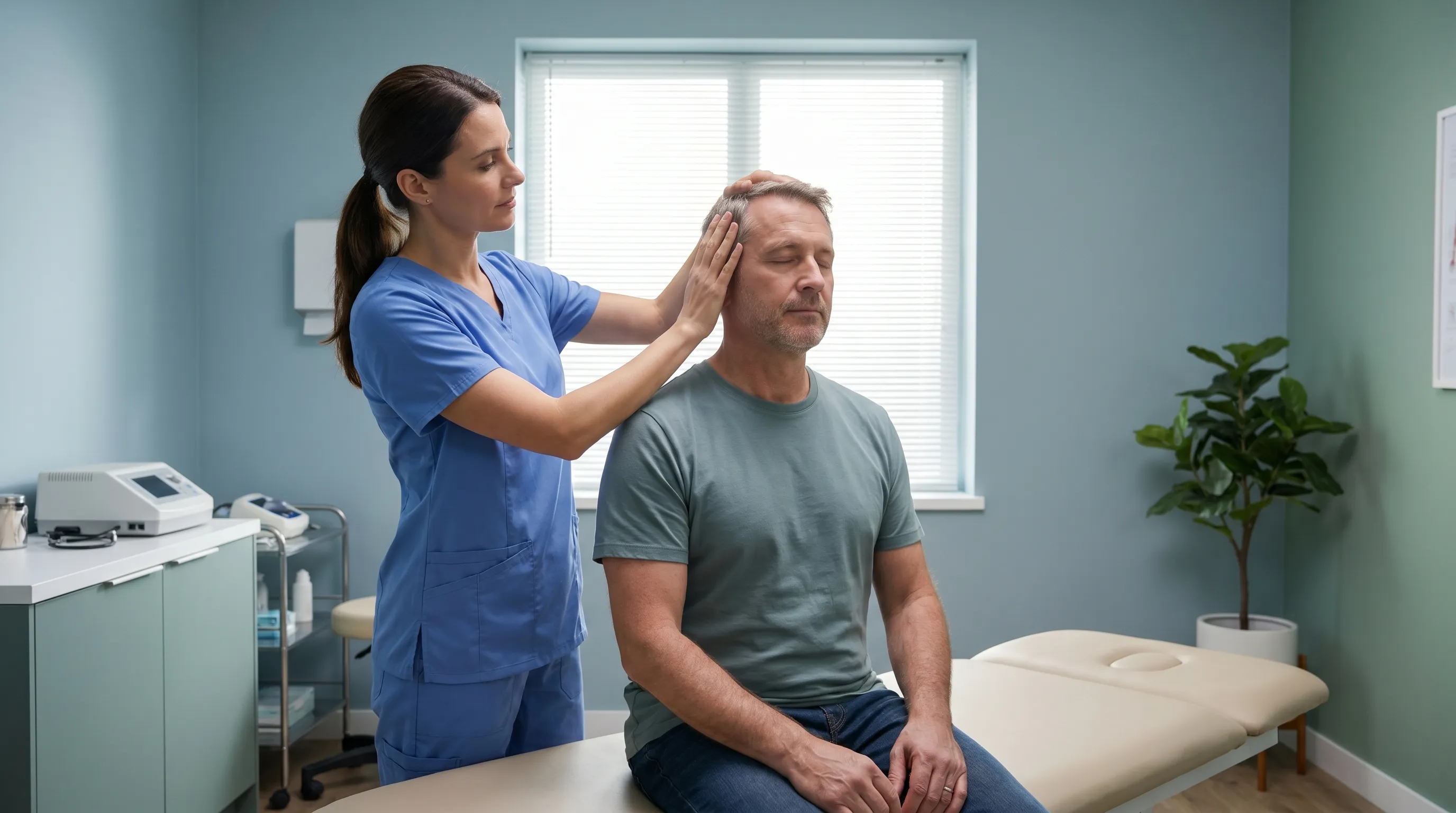 A patient sits on an examination table while a clinician gently performs a basic vestibular balance test, soft clinical lighting, calm atmosphere, photorealistic, 4:3 aspect ratio