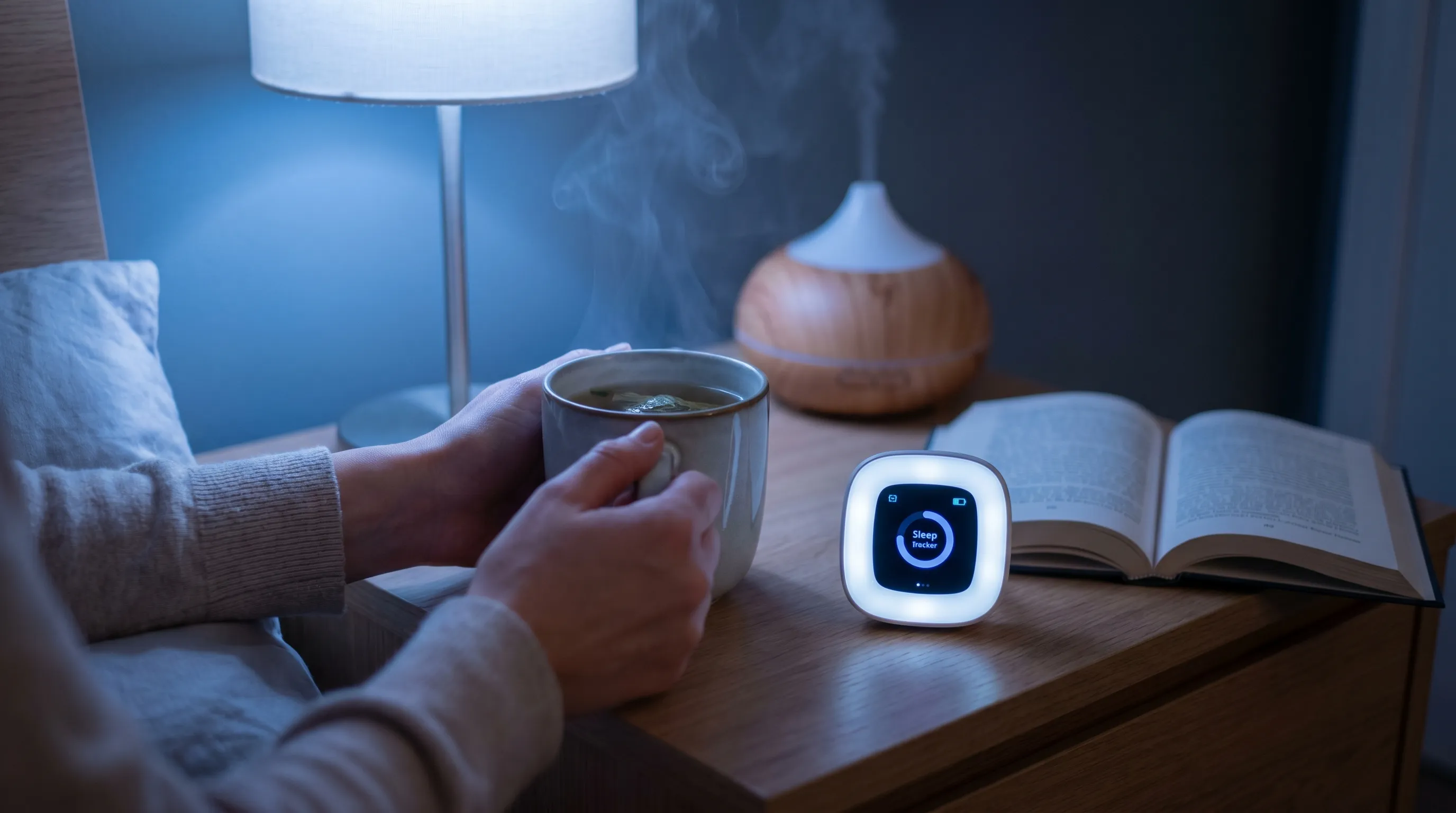 A person preparing a calming evening routine with herbal tea, dim blue-toned bedroom lighting, and a digital sleep tracker on the nightstand, conveying sleep hygiene and recovery, 4:3 aspect ratio