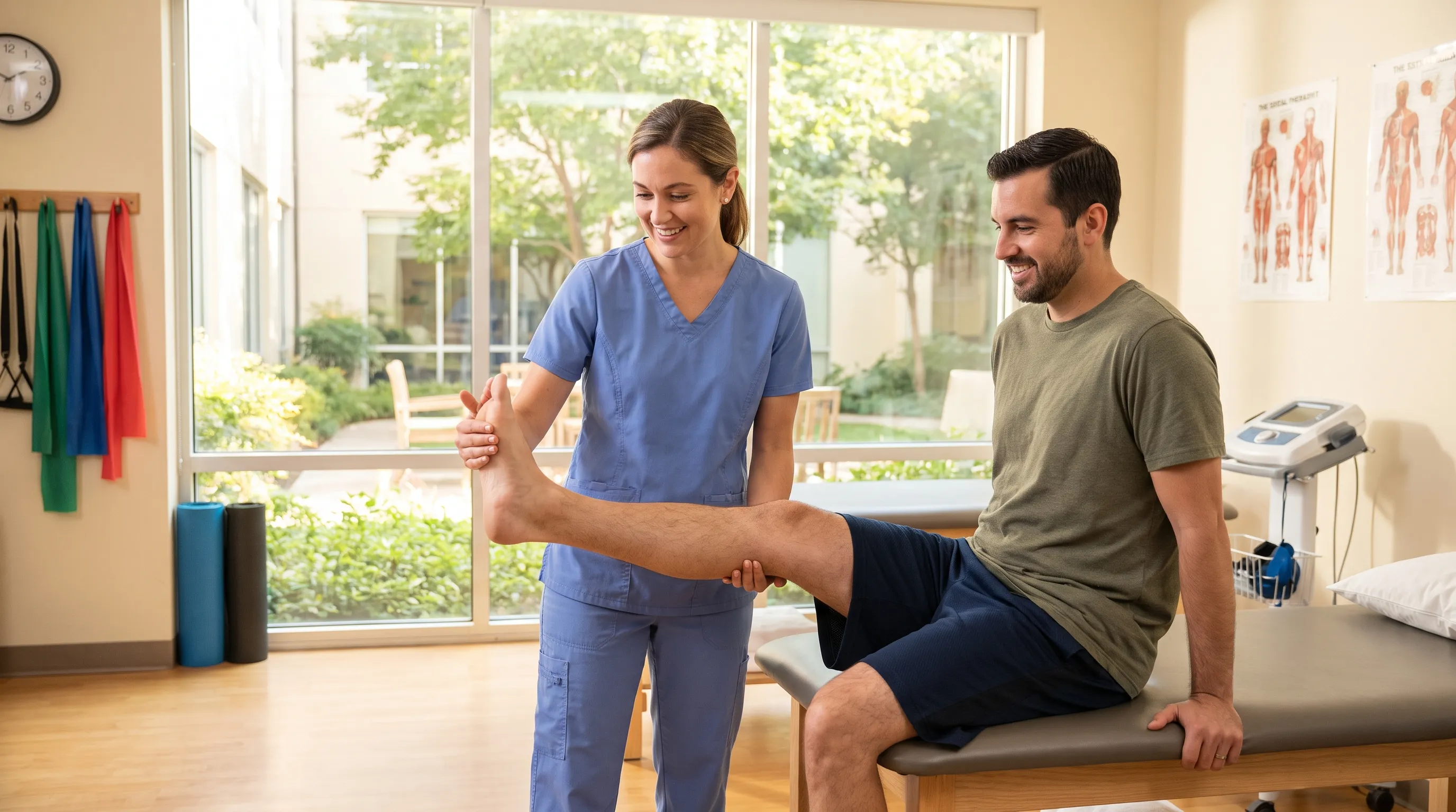 A detailed anatomical illustration overlaying a realistic photo of a person seated and examining their left foot, highlighting the sciatic nerve pathway descending from the lower back through the leg into the foot, with a soft blue and gray medical aesthetic