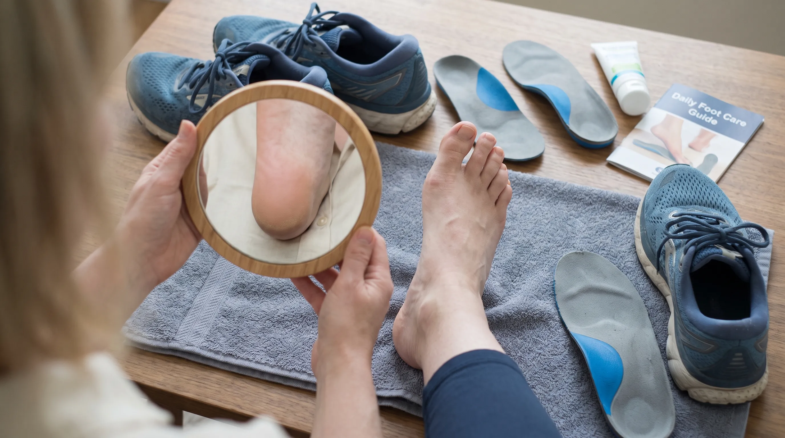 An overhead view of a person carefully applying moisturizer to their foot, with a pair of supportive athletic shoes, orthotic inserts, and a soft towel arranged neatly on a clean wooden floor, emphasizing daily preventive care and foot hygiene