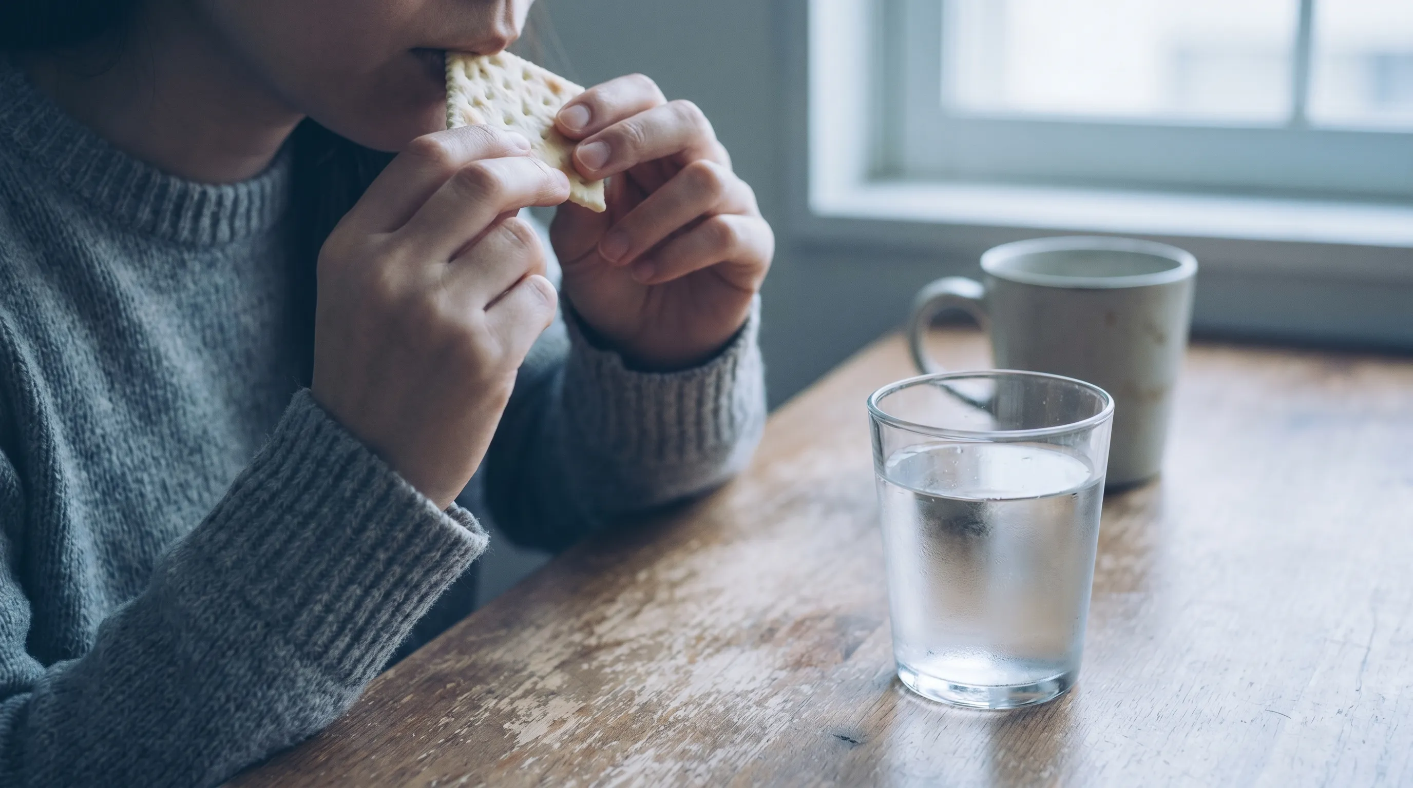 A close-up lifestyle photo of a person carefully nibbling on a plain soda cracker with a glass of room-temperature water nearby, set on a neutral wooden table with soft daylight, emphasizing calm digestive comfort, 4:3 ratio, muted blue and gray color grading.