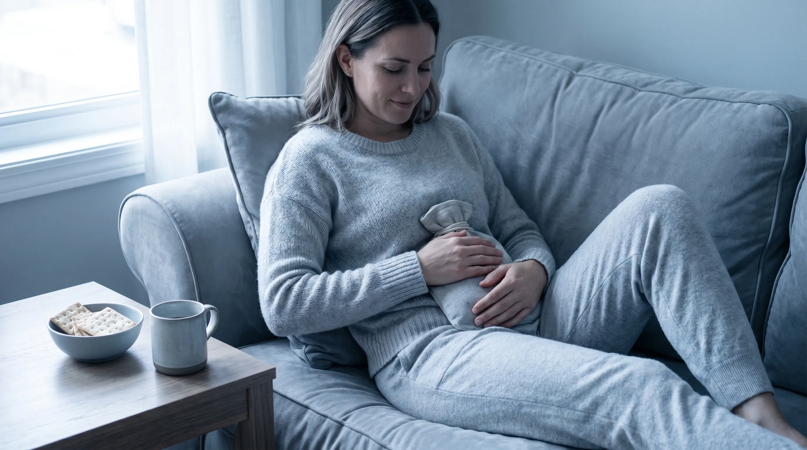 A clinical yet warm lifestyle scene showing a person gently applying a warm compress to their abdomen while sitting on a cozy couch, with a small bowl of bland crackers on a side table, soft natural lighting, professional health photography style, 4:3 ratio, calming blue-gray tones.