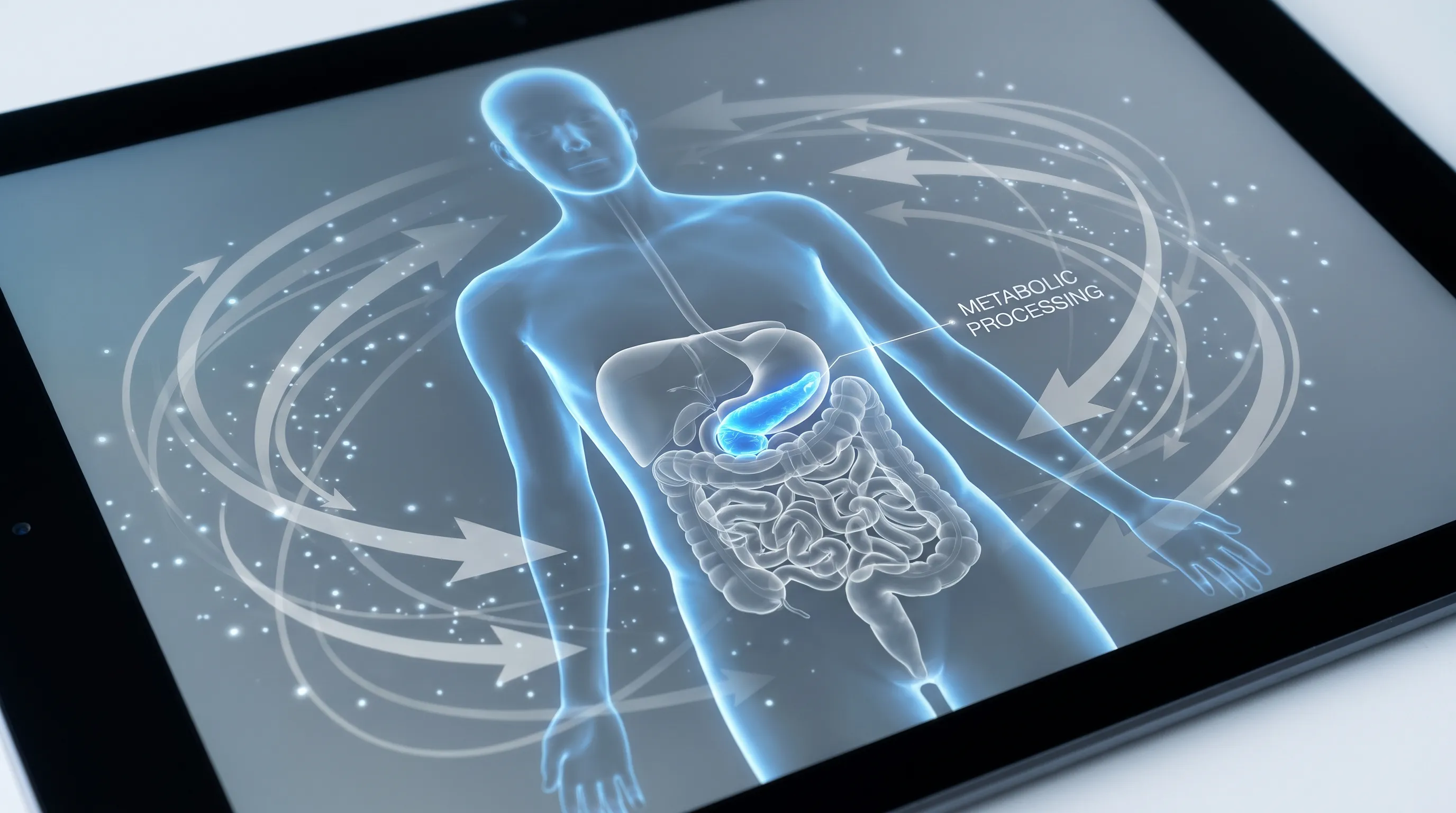 Ilustração médica em close e de alta qualidade mostrando uma silhueta humana estilizada com o sistema digestivo e o pâncreas destacados em tons suaves de azul e cinza, representando o processamento metabólico