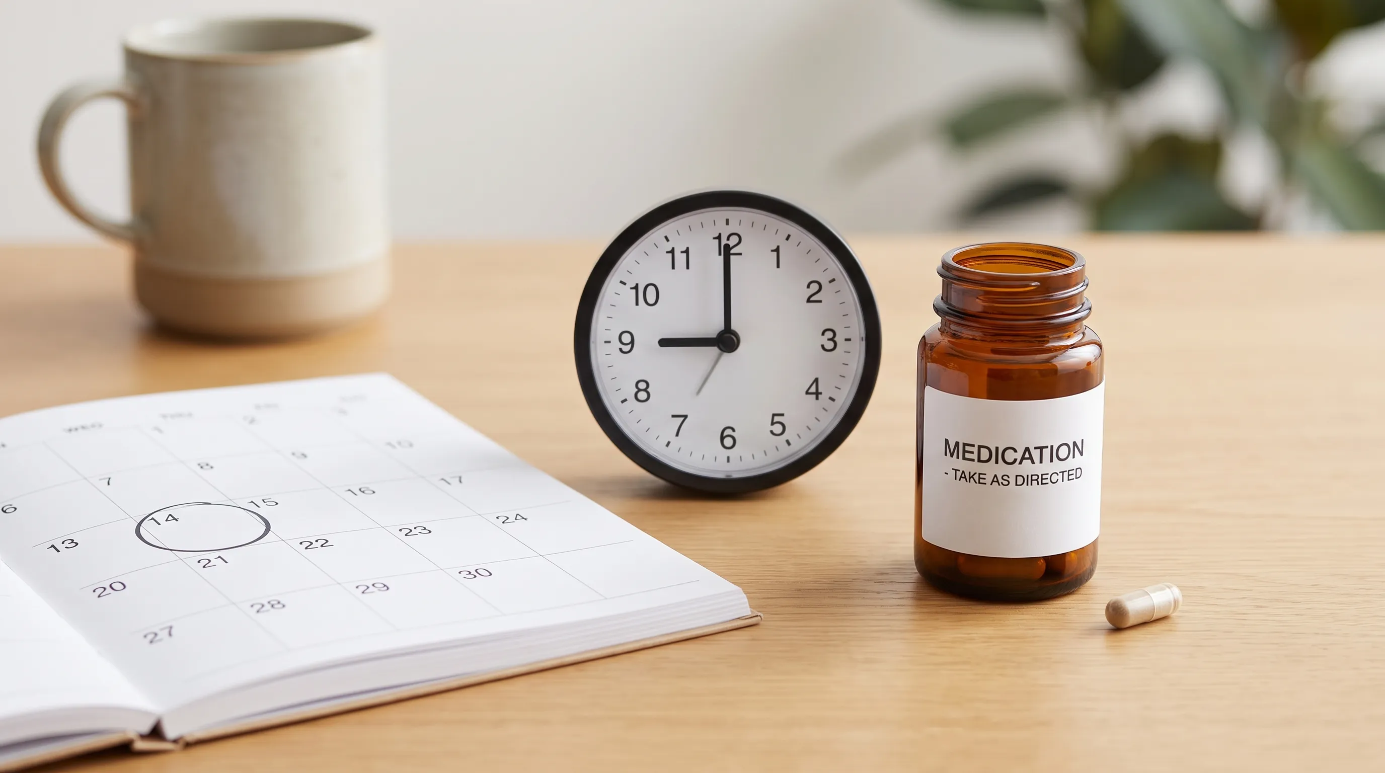 Foto limpa e minimalista de um calendário e um relógio sobre uma mesa de madeira ao lado de um frasco genérico de medicamento, simbolizando o cronograma de eliminação e o planejamento do medicamento