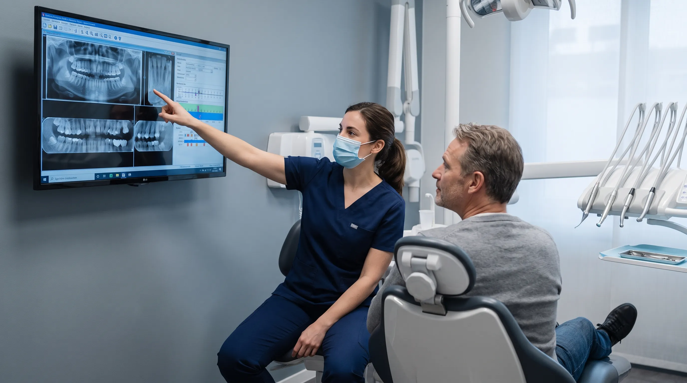 Eine zahnärztliche Parodontologin bei einem ausführlichen Beratungsgespräch mit einem Patienten mittleren Alters in einem modernen, sanft beleuchteten Behandlungsraum. Medizinische Diagramme und digitale Röntgenbilder sind auf einem Wandmonitor zu sehen. Grau-blaue Farbpalette, professionelle Fotografie, Verhältnis 4:3.