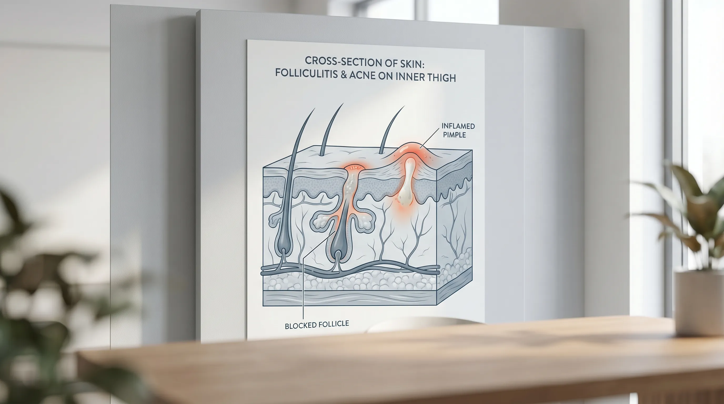 A cross-sectional diagram of skin illustrating how a hair follicle gets clogged with oil and dead skin cells, leading to an inflamed pimple on the inner thigh.