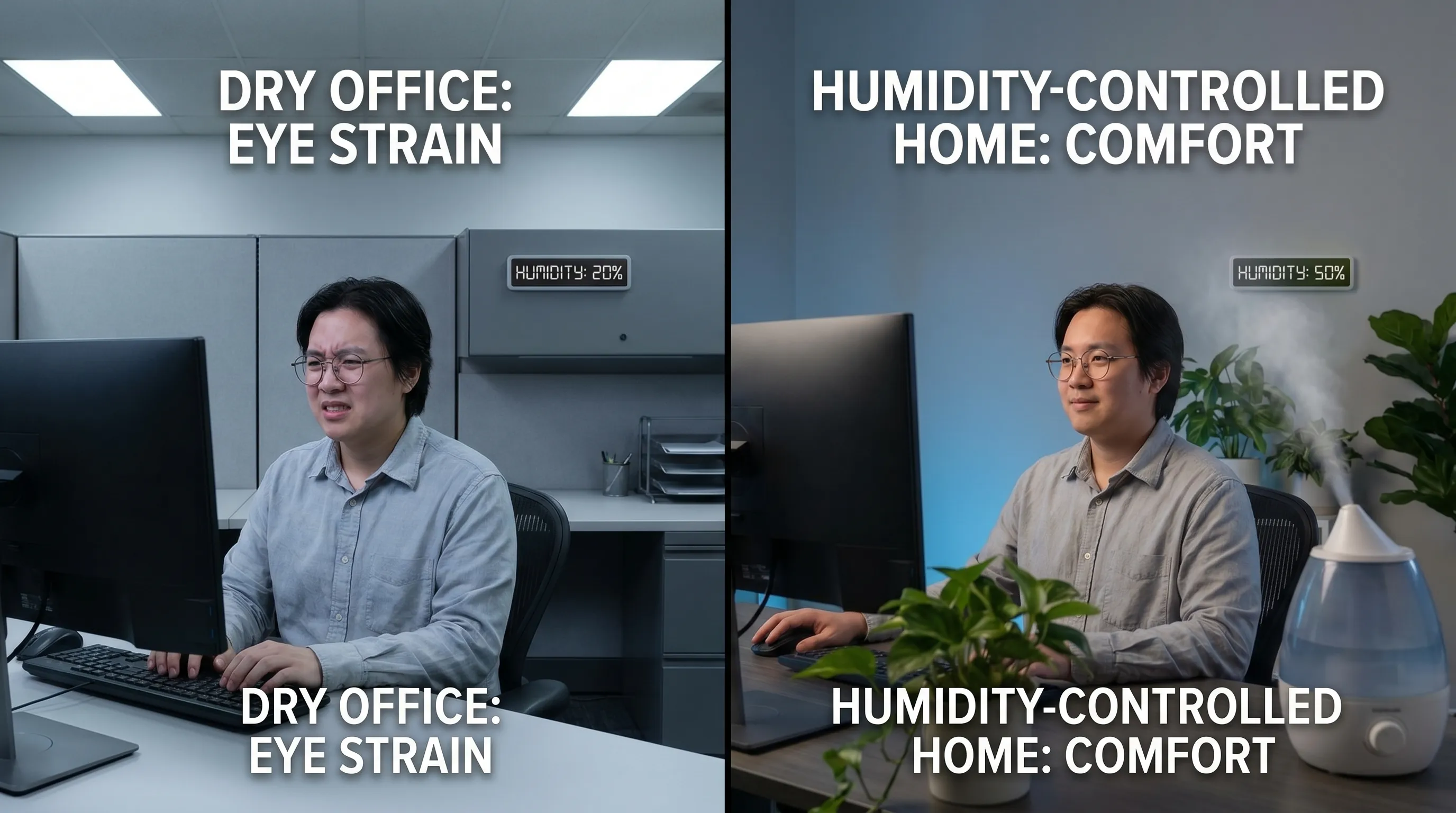 A modern home workspace featuring a desk with a humidifier, ergonomic lighting, and a person taking a screen break, emphasizing environmental eye health