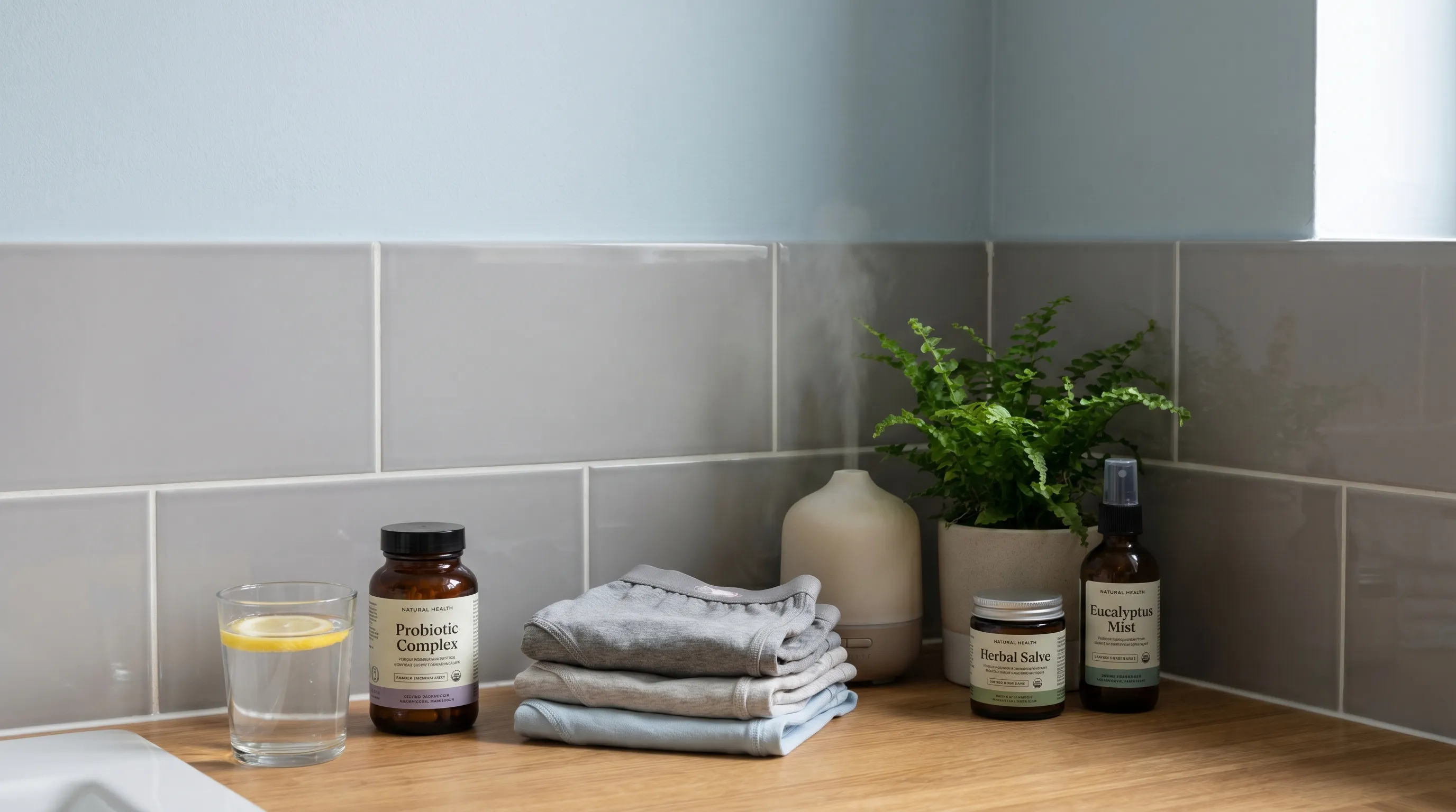 A modern, clean bathroom counter arrangement featuring natural wellness products, probiotic supplements, cotton garments, and hydration essentials, photographed in soft gray and blue tones