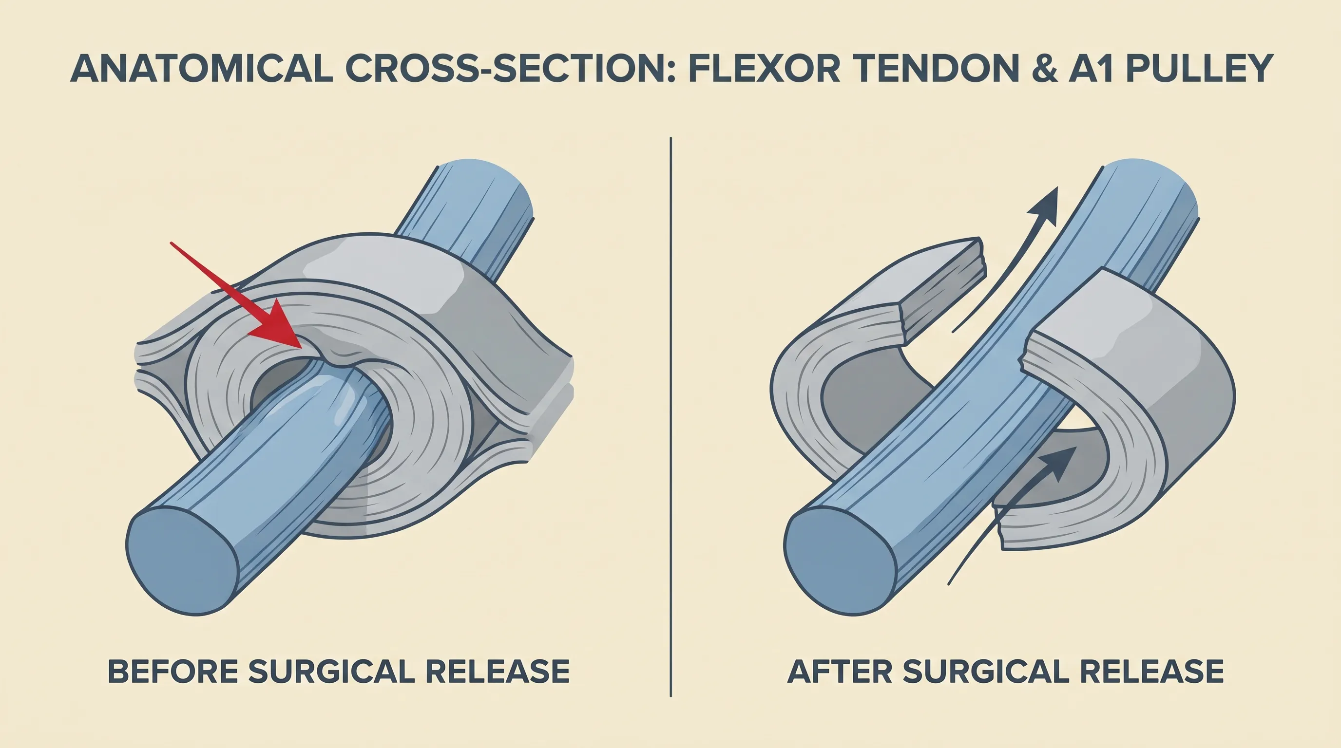 Medical diagram illustrating A1 pulley anatomy and post-surgical tendon glide
