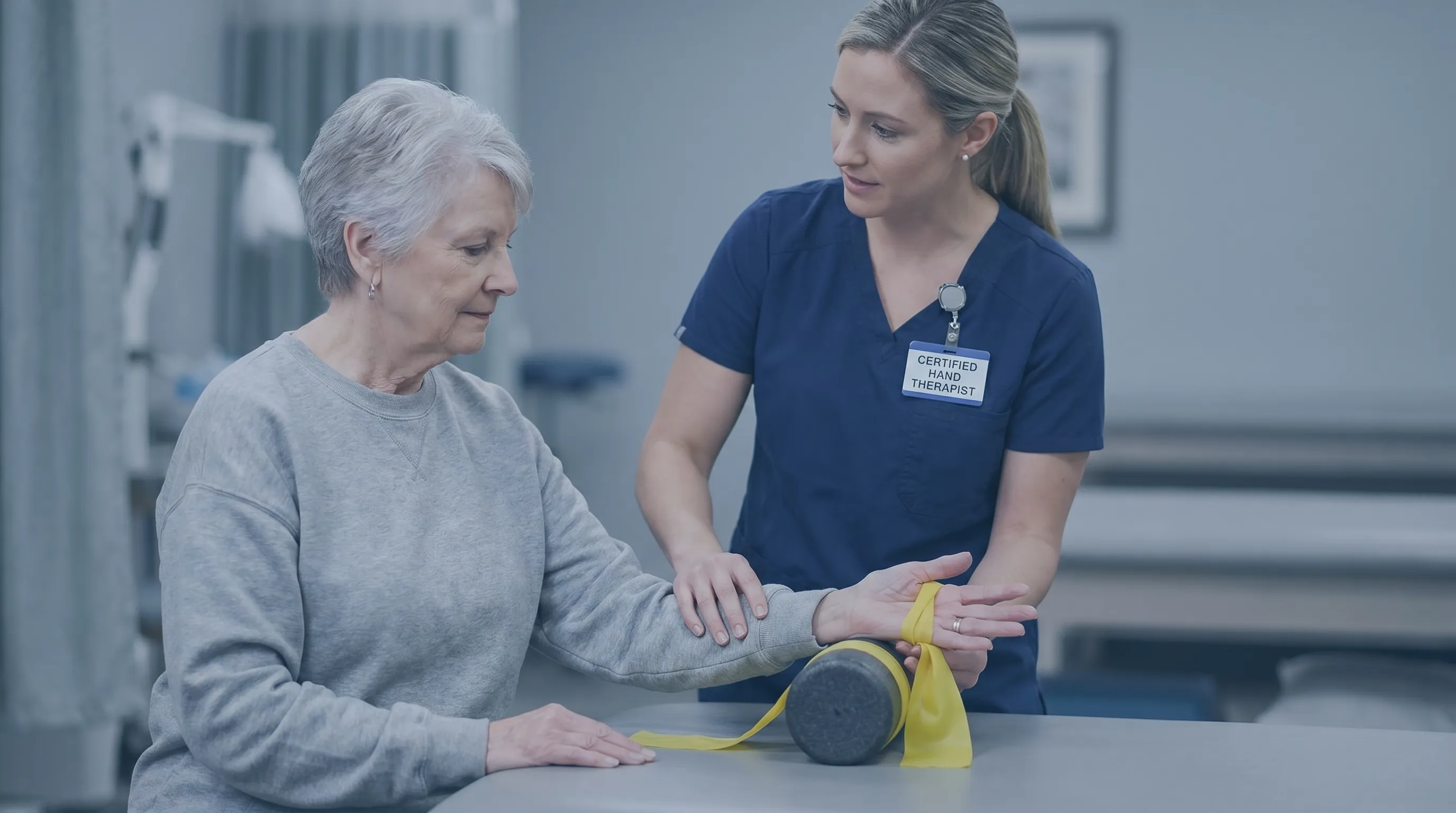 Certified hand therapist guiding a patient through gentle tendon gliding exercises using foam rollers and resistance bands