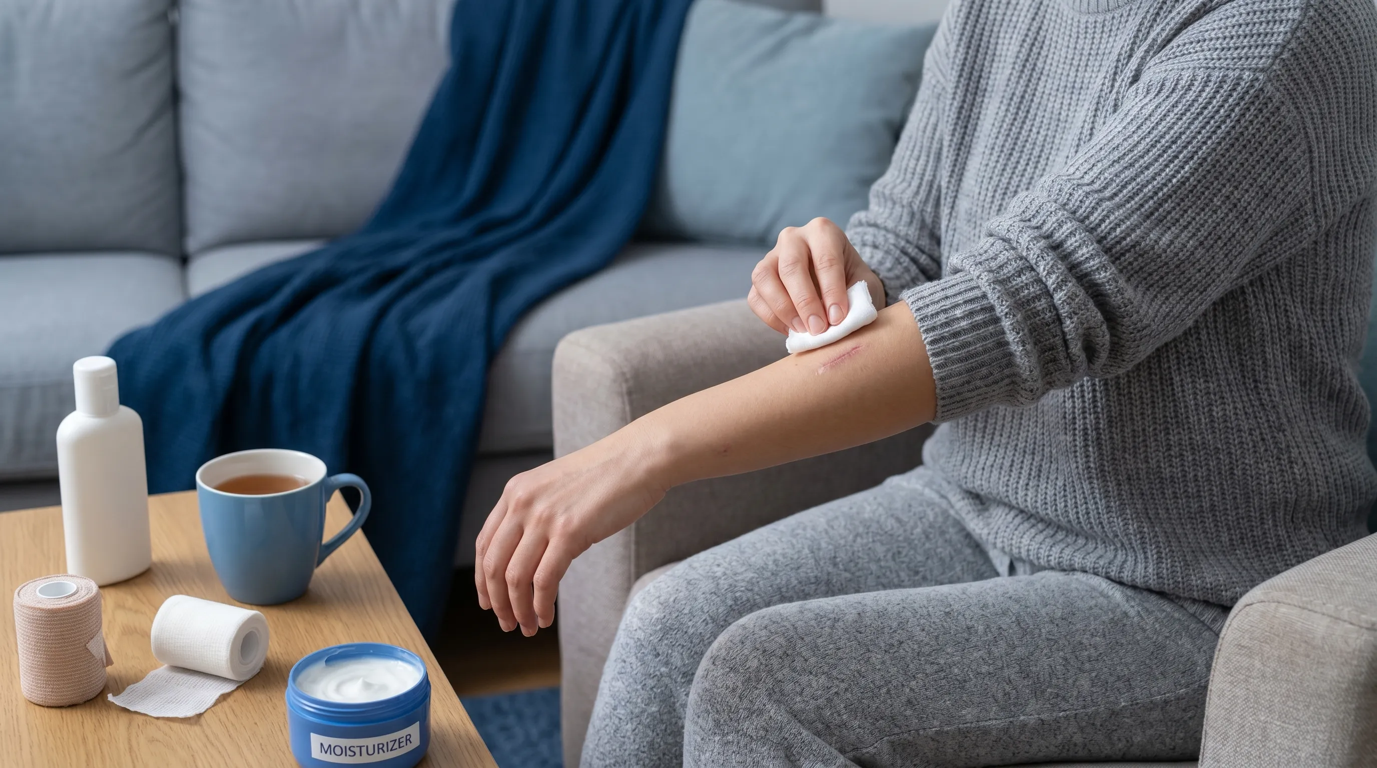 Patient performing home-based wound care and scar desensitization techniques with clean cotton gauze