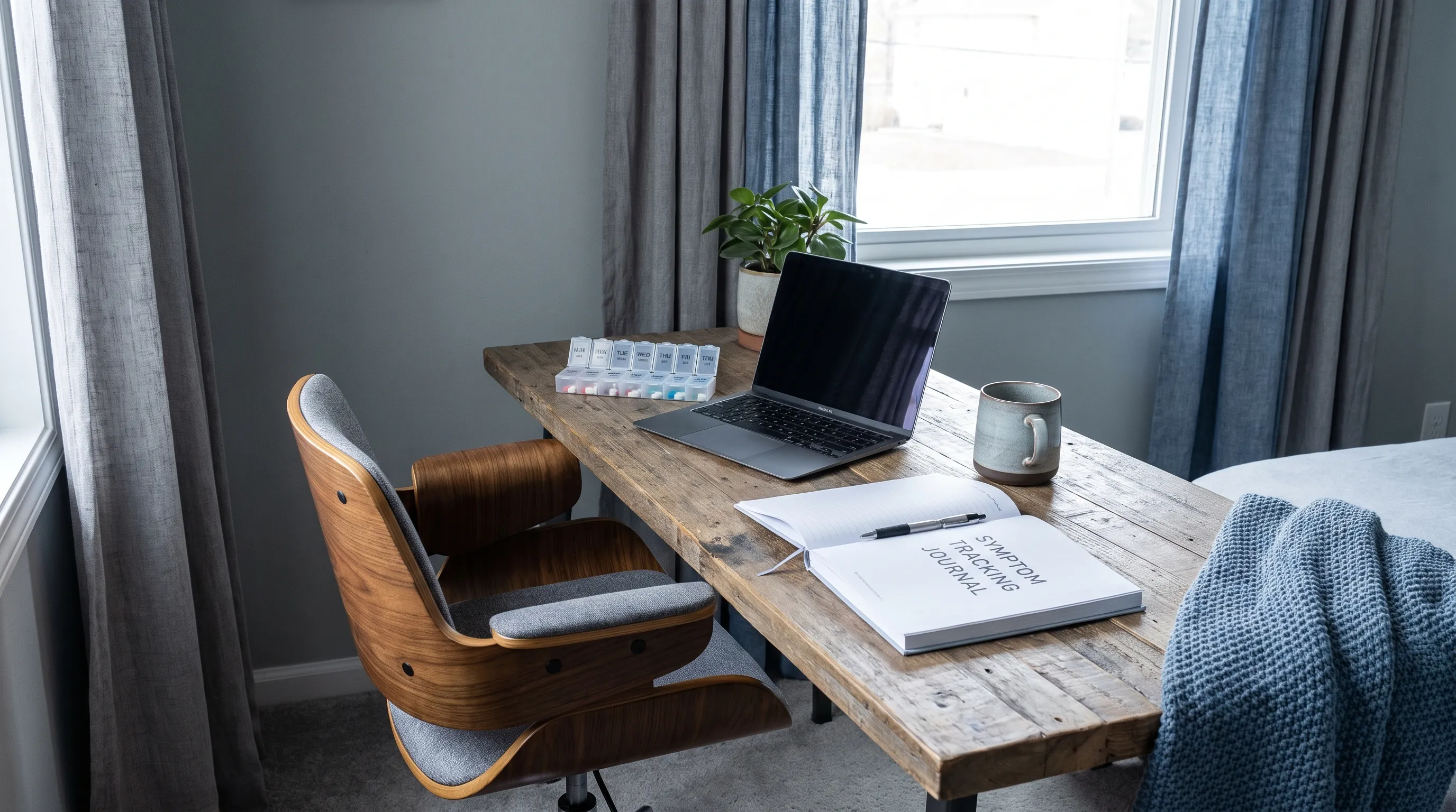 Organized remote workspace with ergonomic equipment and wellness tracking tools
