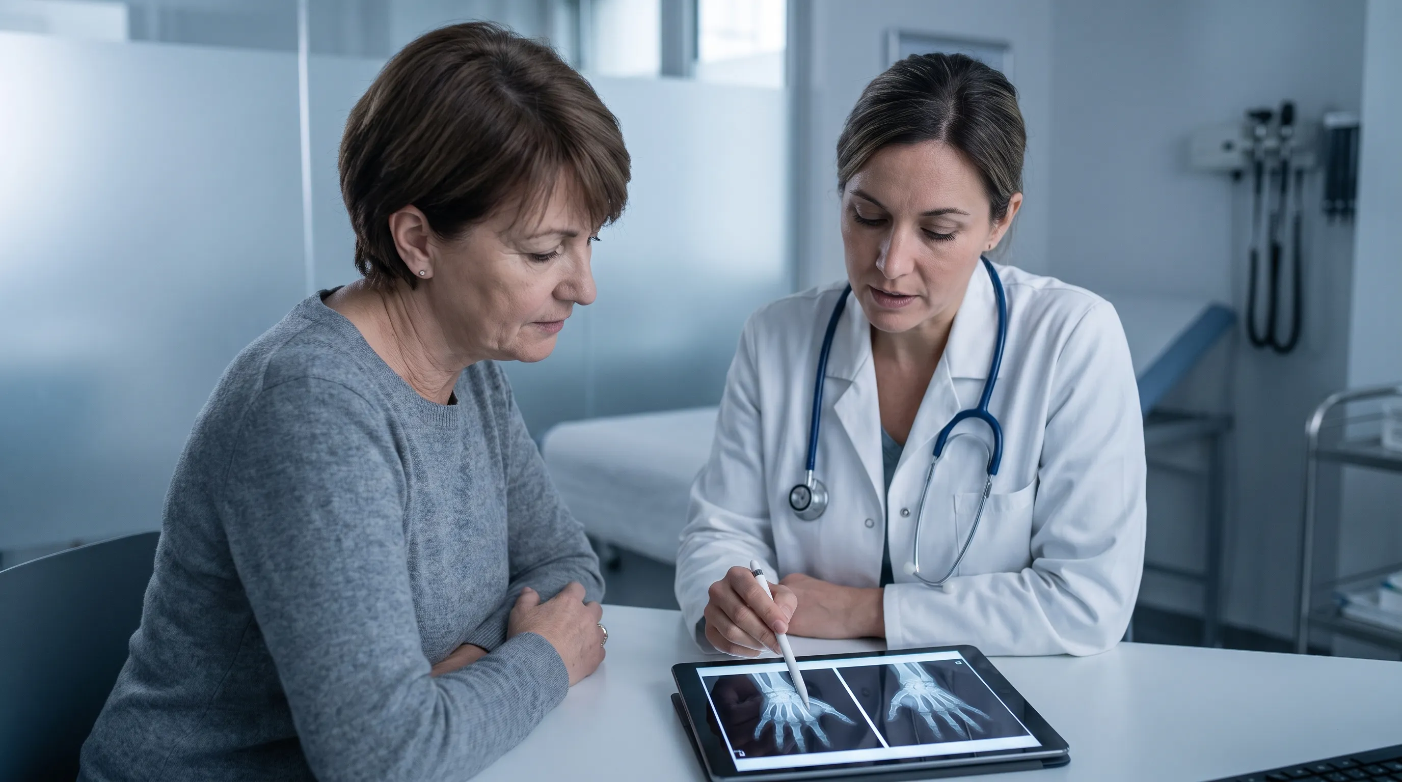 Close-up of a patient consulting with a rheumatologist in a modern clinic, reviewing joint X-rays on a tablet, professional medical photography, neutral blue-gray tones