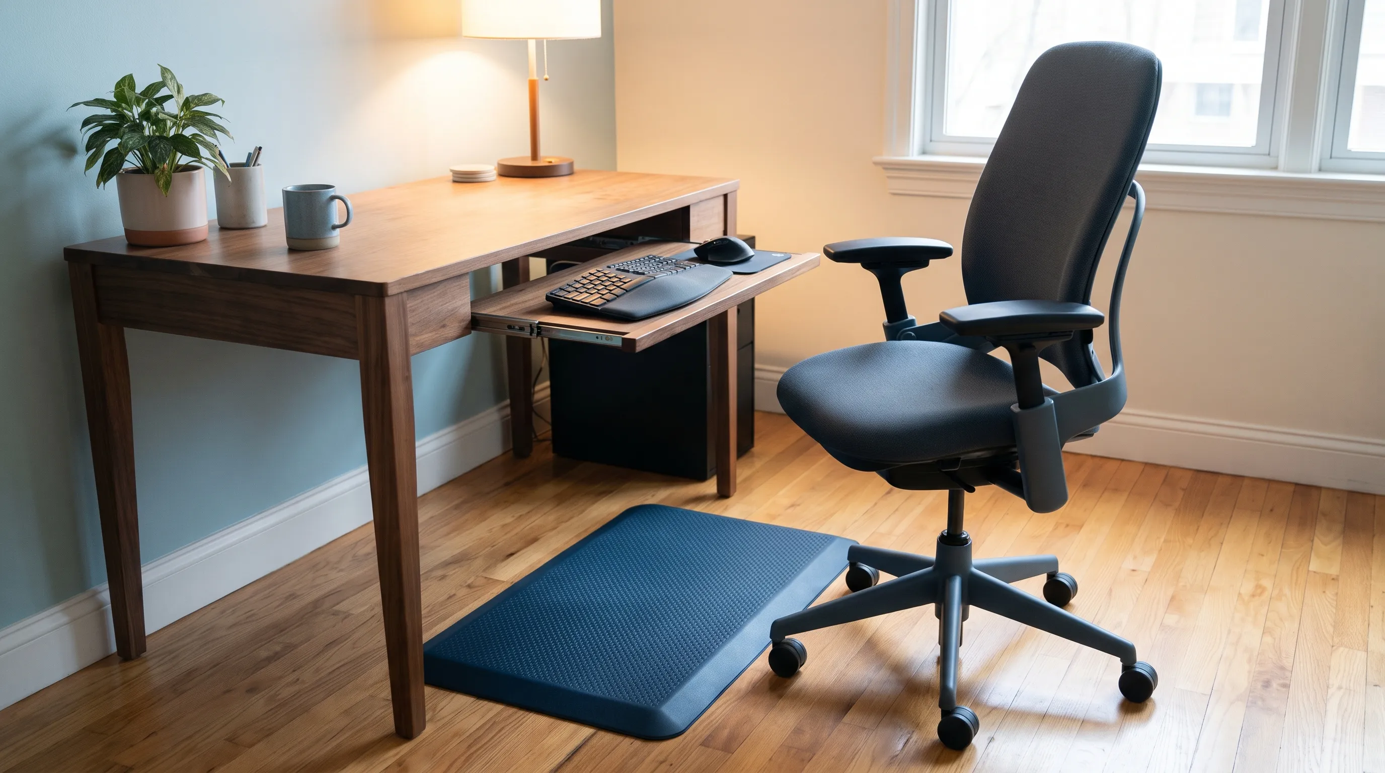 Ergonomic home workspace setup with adjustable chair, supportive keyboard tray, anti-fatigue floor mat, and gentle ambient lighting, wellness-focused lifestyle photography, muted gray and blue tones