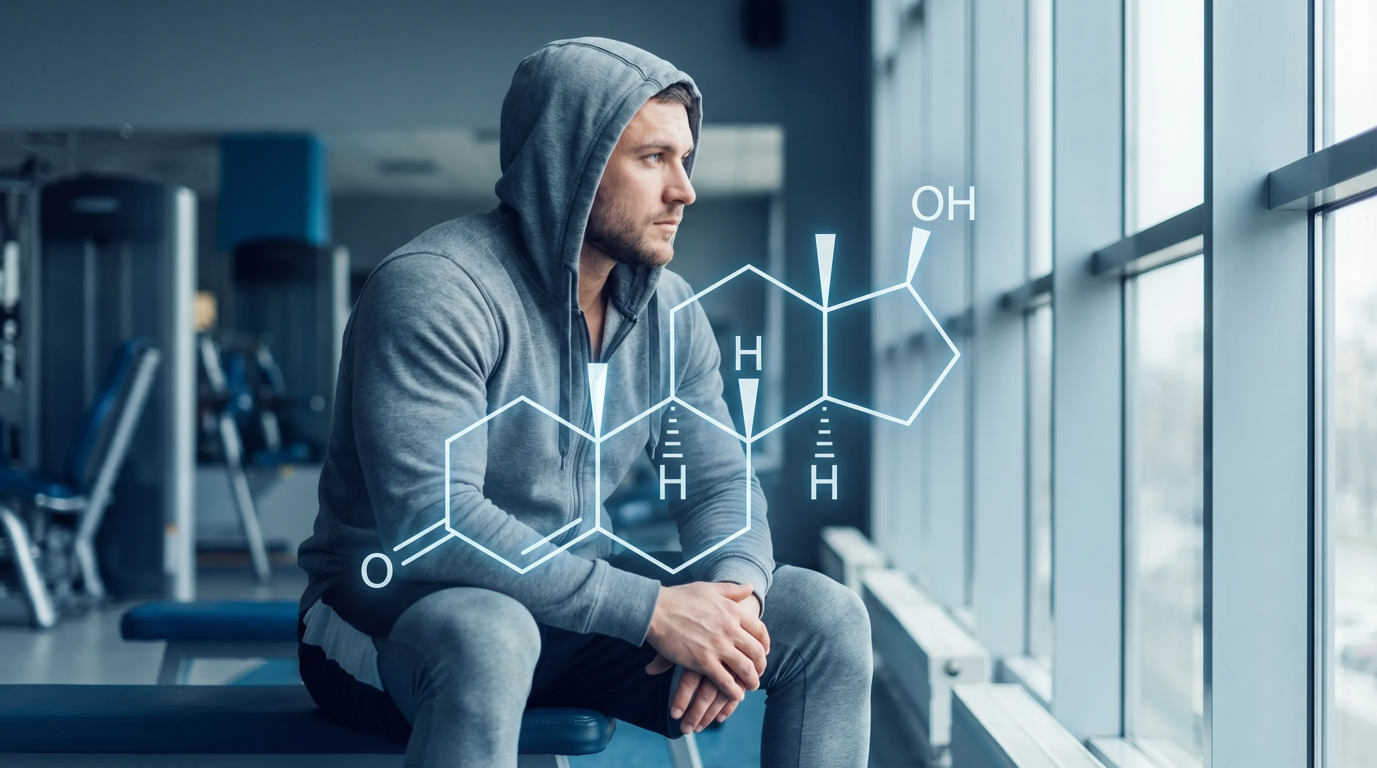 A muscular man in a gym looking pensive, with a superimposed diagram of a testosterone molecule.