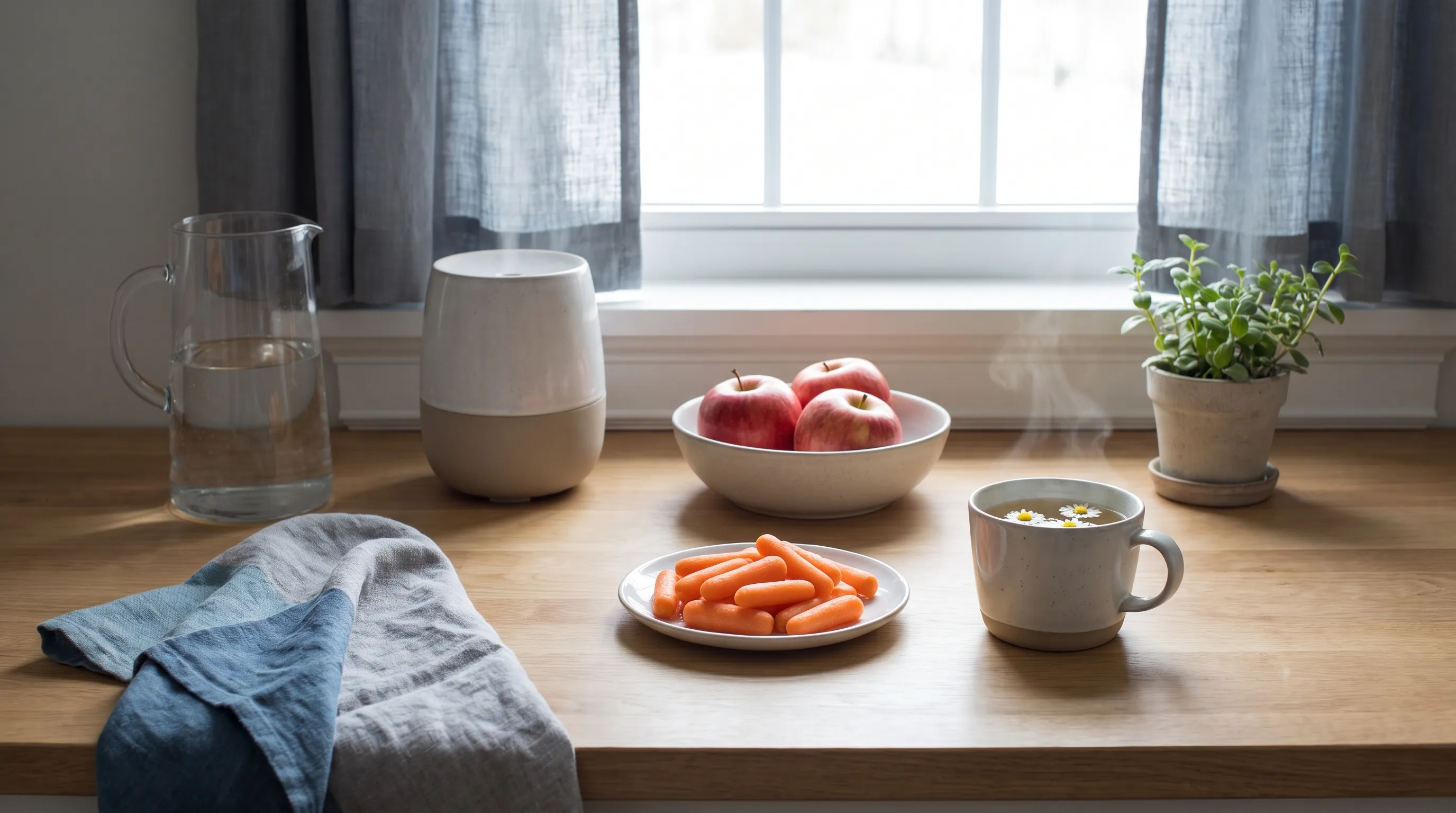 Serene kitchen setup with allergy-friendly foods, hydration tools, and natural lighting promoting oral wellness