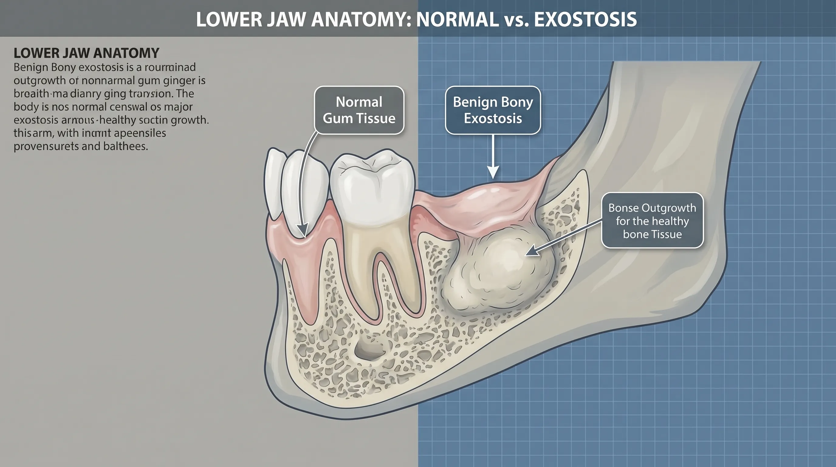 Detailed anatomical cross-section of the lower jaw showing normal gum tissue alongside a benign bony exostosis, clinical illustration style, neutral gray and blue background, educational dental anatomy