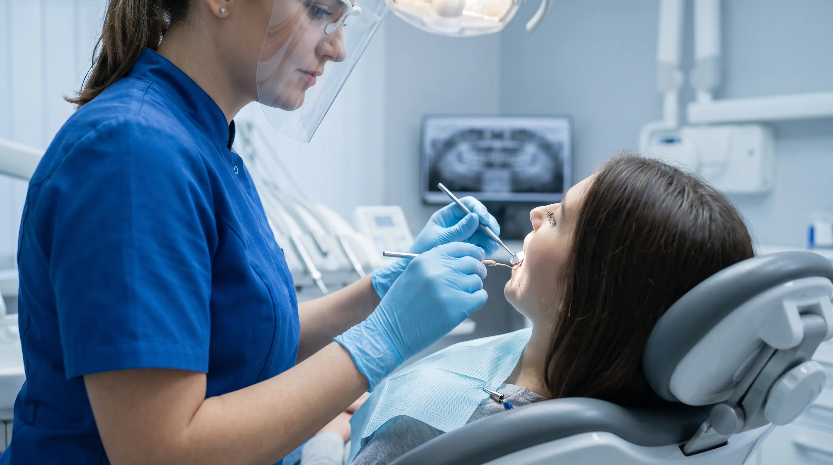 Dentist wearing protective gloves performing a gentle intraoral examination using a dental mirror and periodontal probe, modern clinic environment, soft blue and gray tones, professional healthcare photography