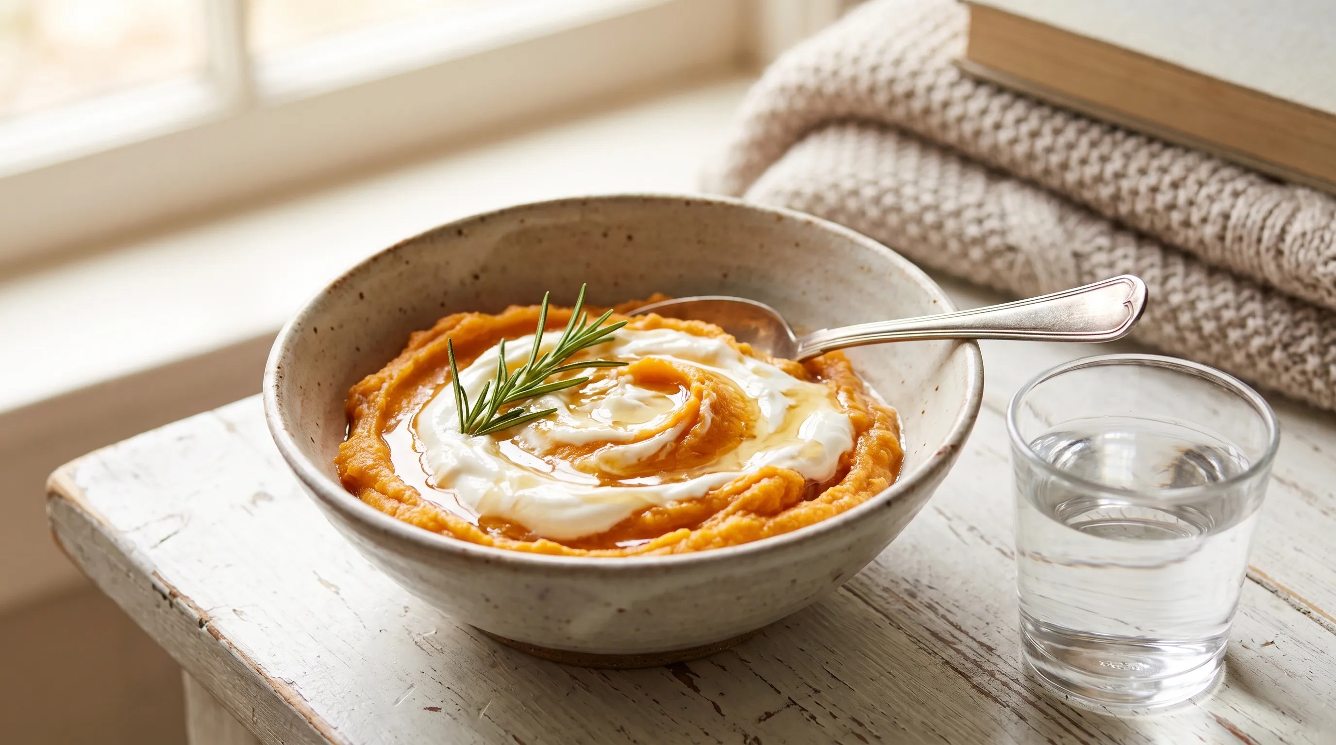 A close-up, professionally lit photograph of a ceramic bowl filled with smooth, creamy mashed sweet potatoes and Greek yogurt, placed on a white wooden table with a silver spoon and a small glass of water, conveying comfort and medical recovery nutrition, soft lighting, 4:3 ratio
