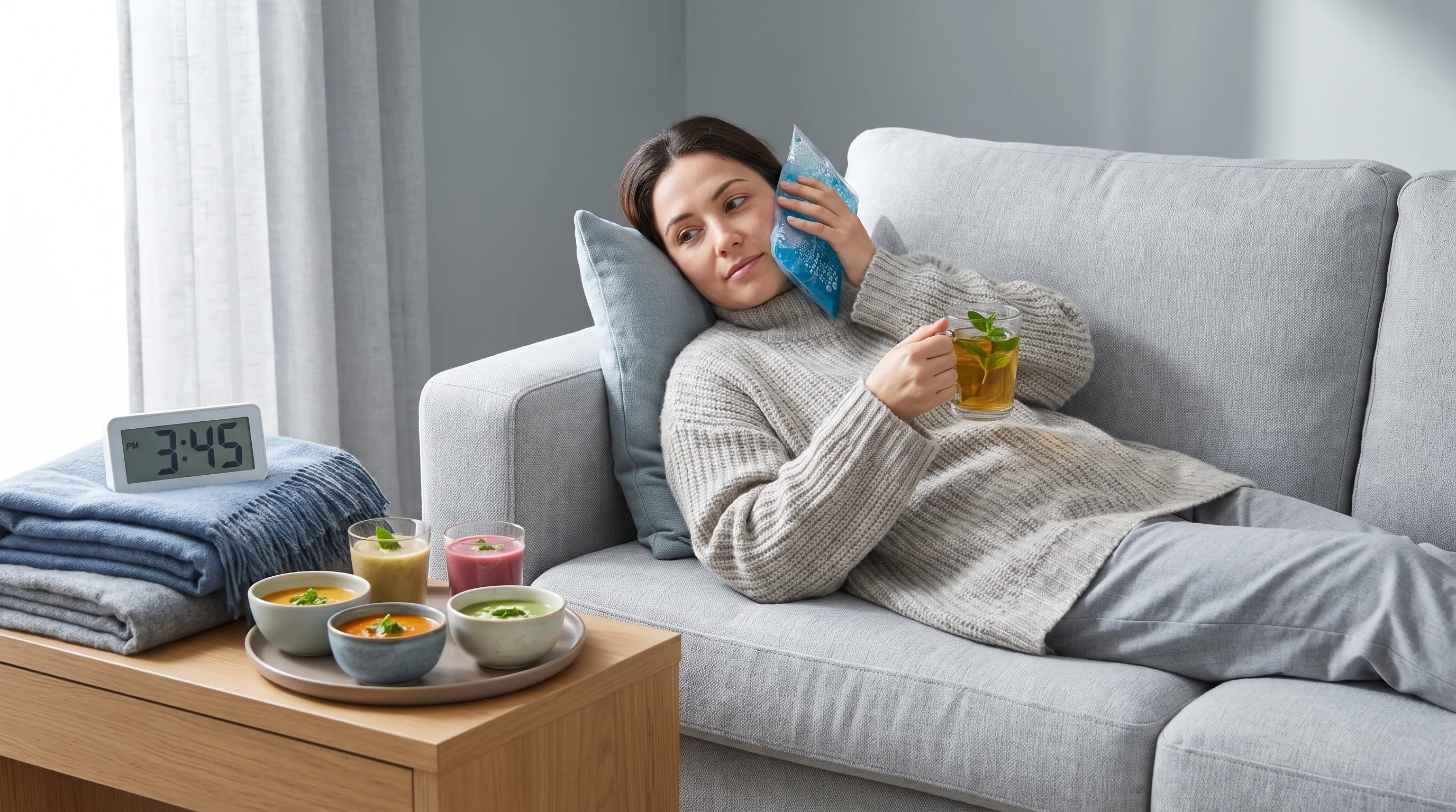 A serene lifestyle photo showing a person sitting comfortably on a light gray sofa with a cooling pack on their cheek, holding a glass of chilled herbal tea, with a neatly arranged tray of pureed foods, soft blankets, and a digital clock on a side table, calming gray and blue color palette, 4:3 ratio