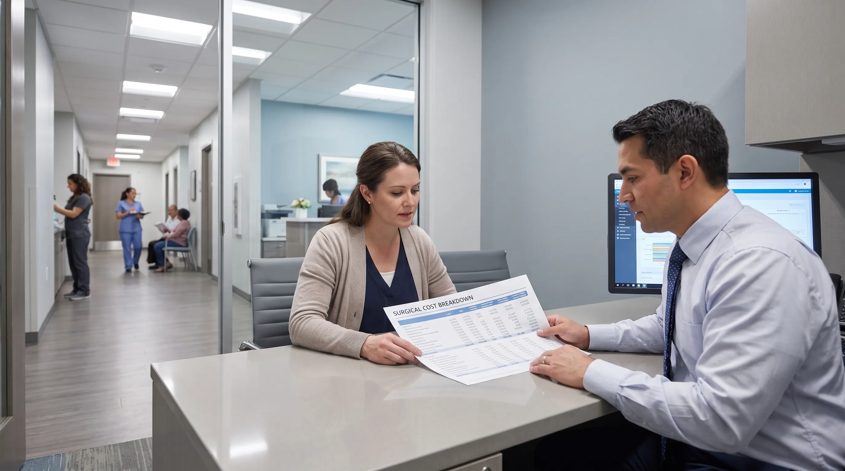 Patient reviewing a detailed surgical cost estimate with a financial counselor at an orthopedic clinic