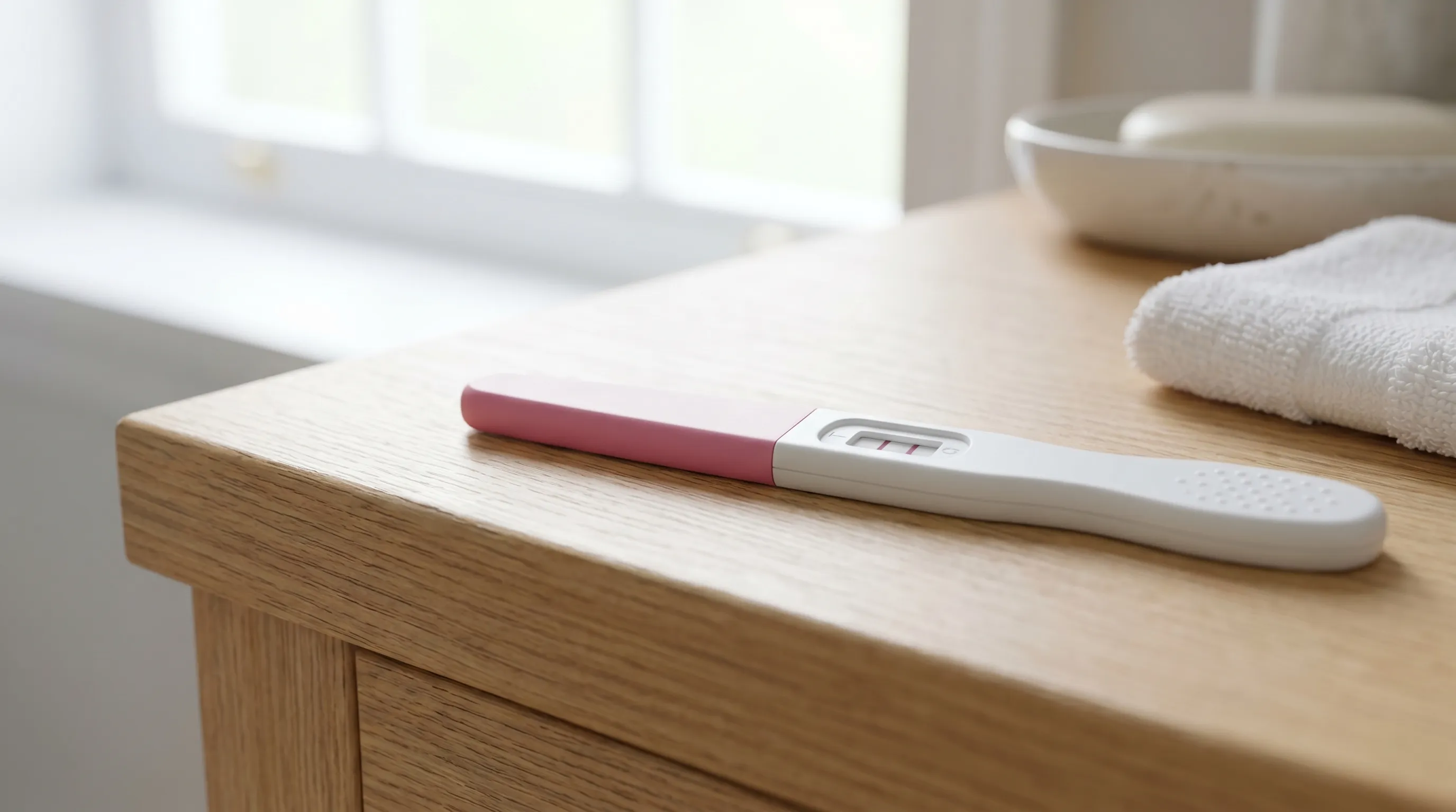 close-up of a pregnancy test cassette resting on a wooden bathroom vanity, showing the result window with faint and distinct lines, soft natural lighting, clinical but warm aesthetic