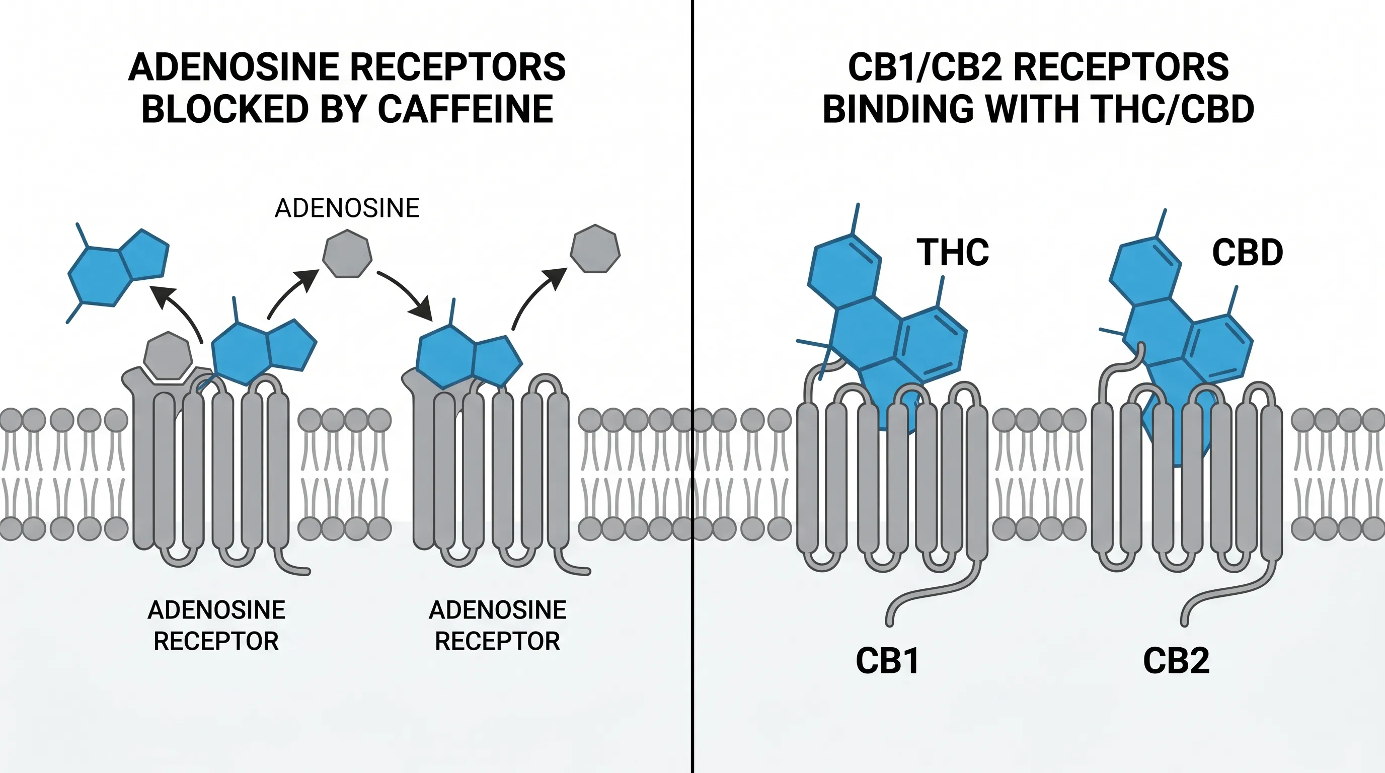 Geteilte Lehrillustration: Links blockieren Koffeinmoleküle Adenosinrezeptoren, rechts binden THC und CBD an CB1- und CB2-Rezeptoren, medizinischer Diagrammstil in klaren Grau- und Blautönen, Seitenverhältnis 4:3