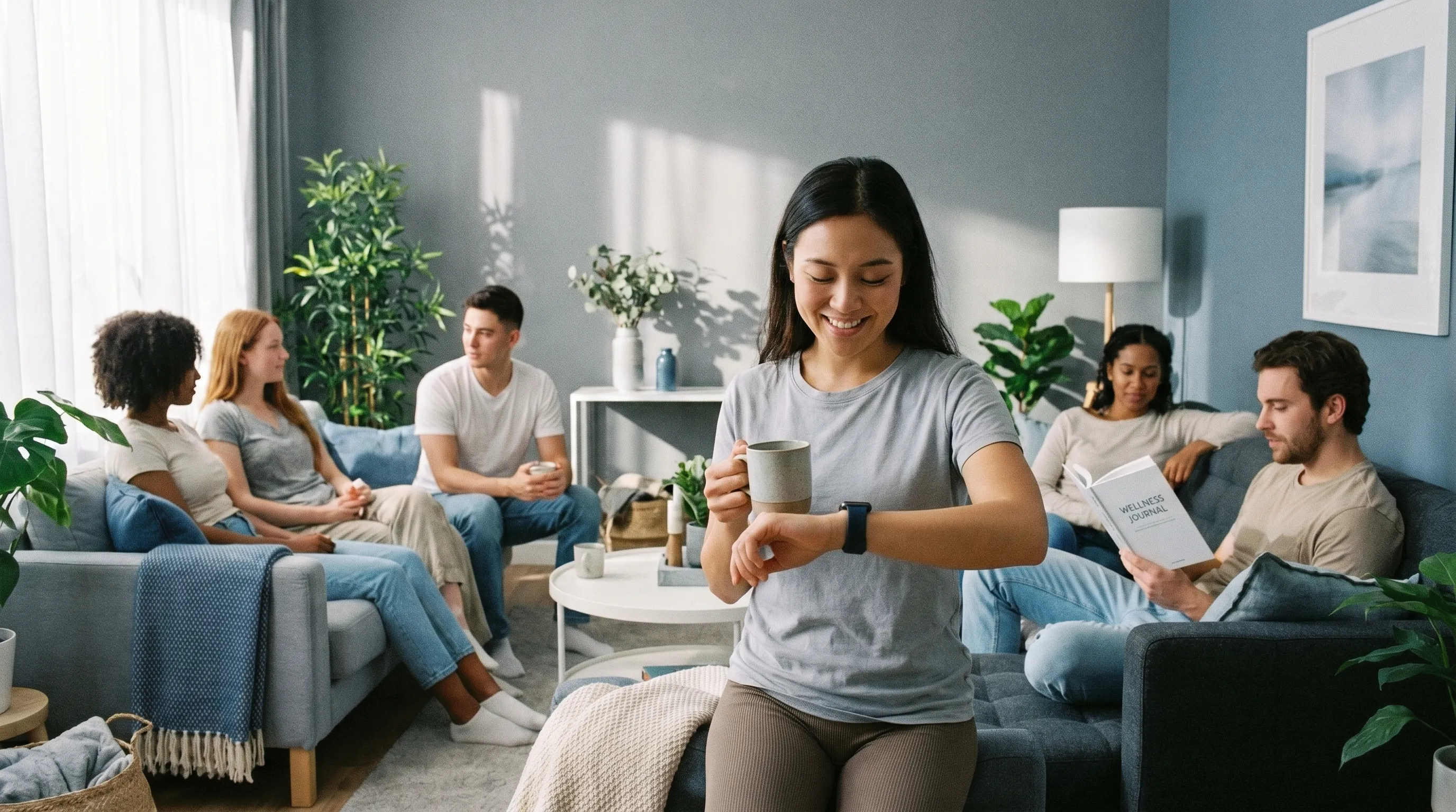 Vielfältige Gruppe junger Erwachsener in einem hellen, modernen Wohnzimmer: Eine Person prüft vorsichtig eine Smartwatch und hält eine Tasse, eine andere liest ein Wellness-Tagebuch, ruhige und verantwortungsvolle Atmosphäre in Grau- und Blautönen, Seitenverhältnis 4:3