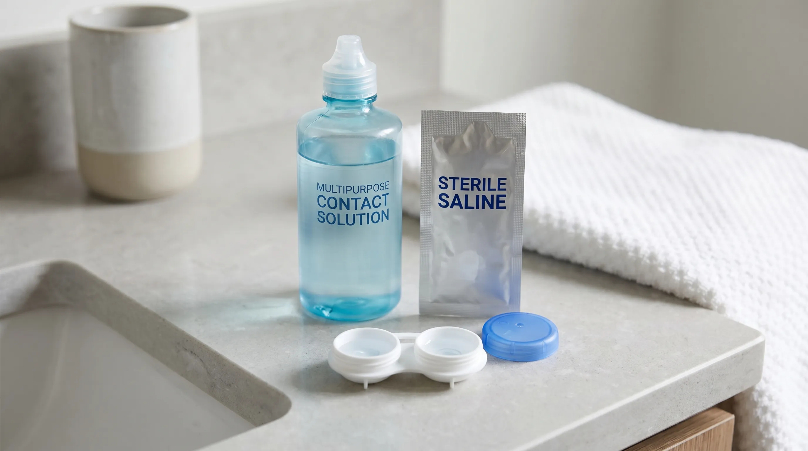 Clinical comparison of contact lens solution bottles, saline rinses, and preservative-free eye drops arranged on a clean medical counter, soft lighting emphasizing product labels and usage instructions, gray and blue color palette