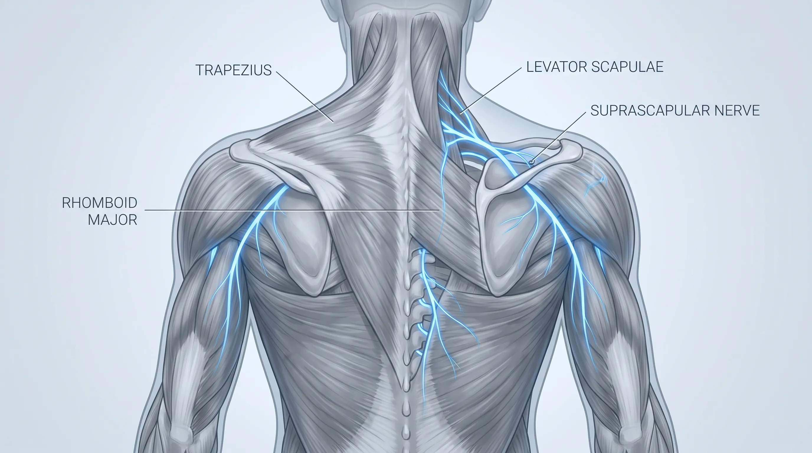 A detailed anatomical illustration showing the musculature, nerves, and scapular bones of the upper back with highlighted pathways, professional medical style, gray and blue tones