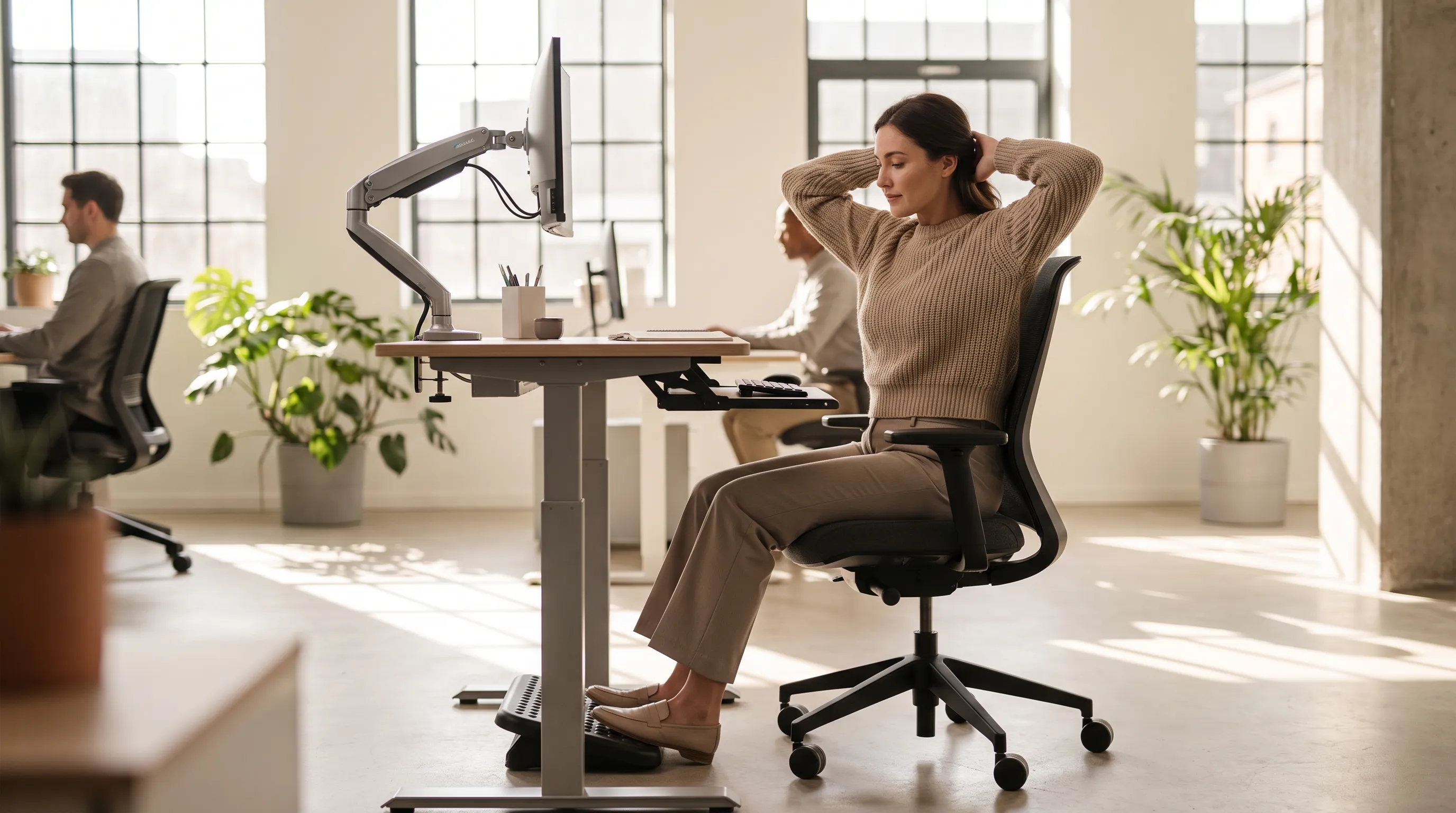 A professional lifestyle photo of a person performing gentle upper back and scapular stretches in a bright, ergonomic workspace, natural lighting, wellness aesthetic