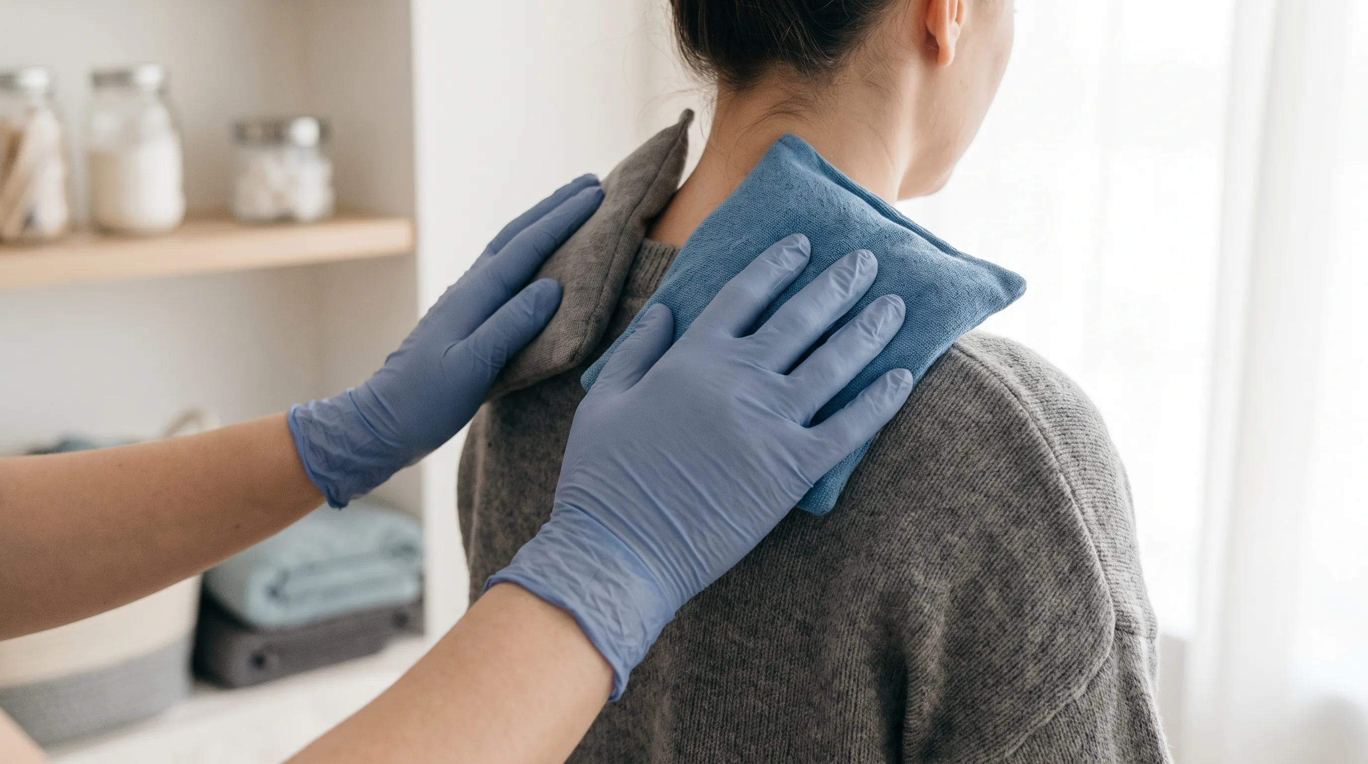 A close-up lifestyle image of hands applying a therapeutic heat pack to the upper back near the shoulder blade, soft clinical wellness lighting, gray and blue tones