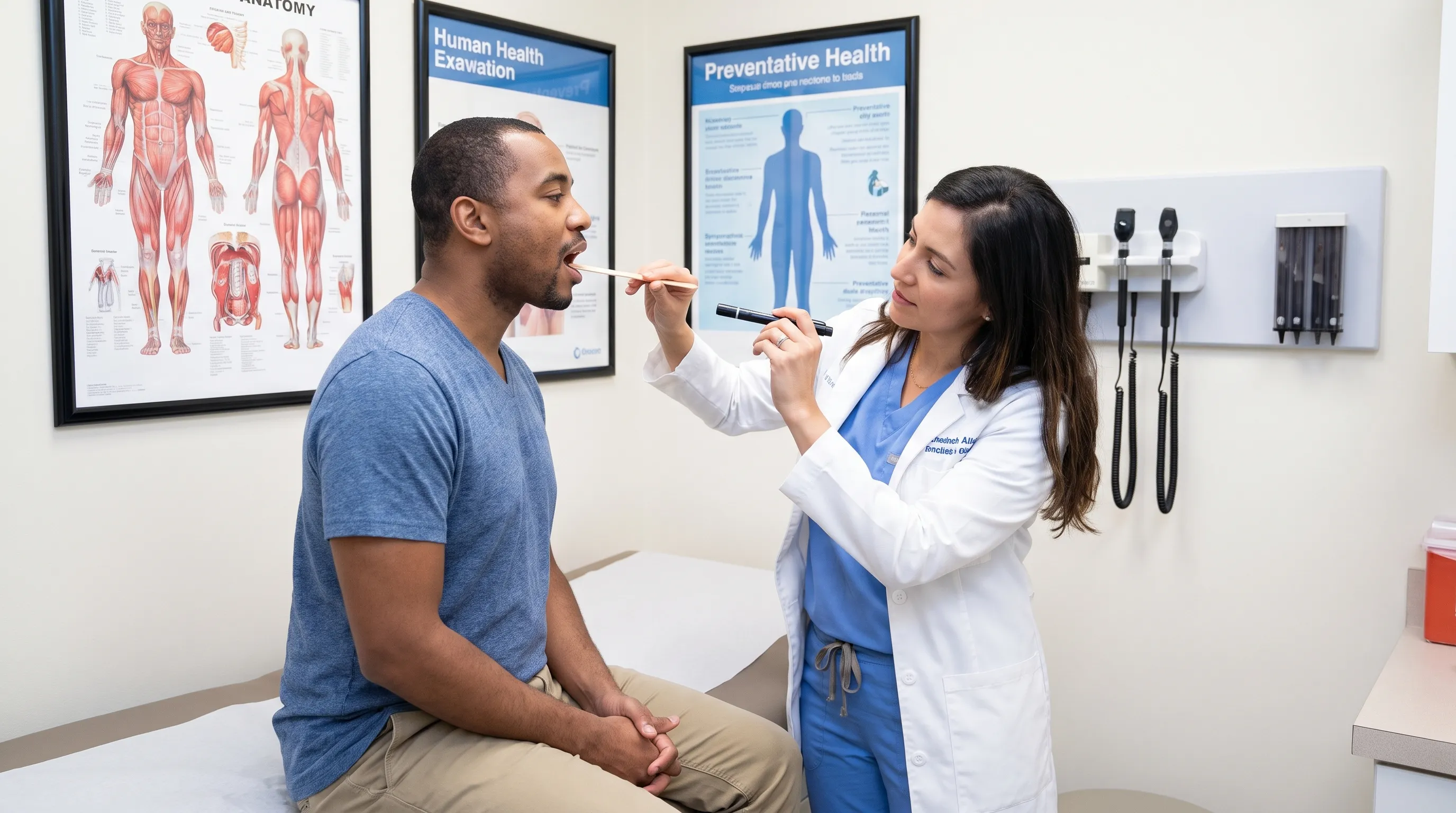 A healthcare professional examining a patient's throat with a tongue depressor in a bright clinical setting, medical posters in background, calm and professional atmosphere, professional healthcare aesthetic