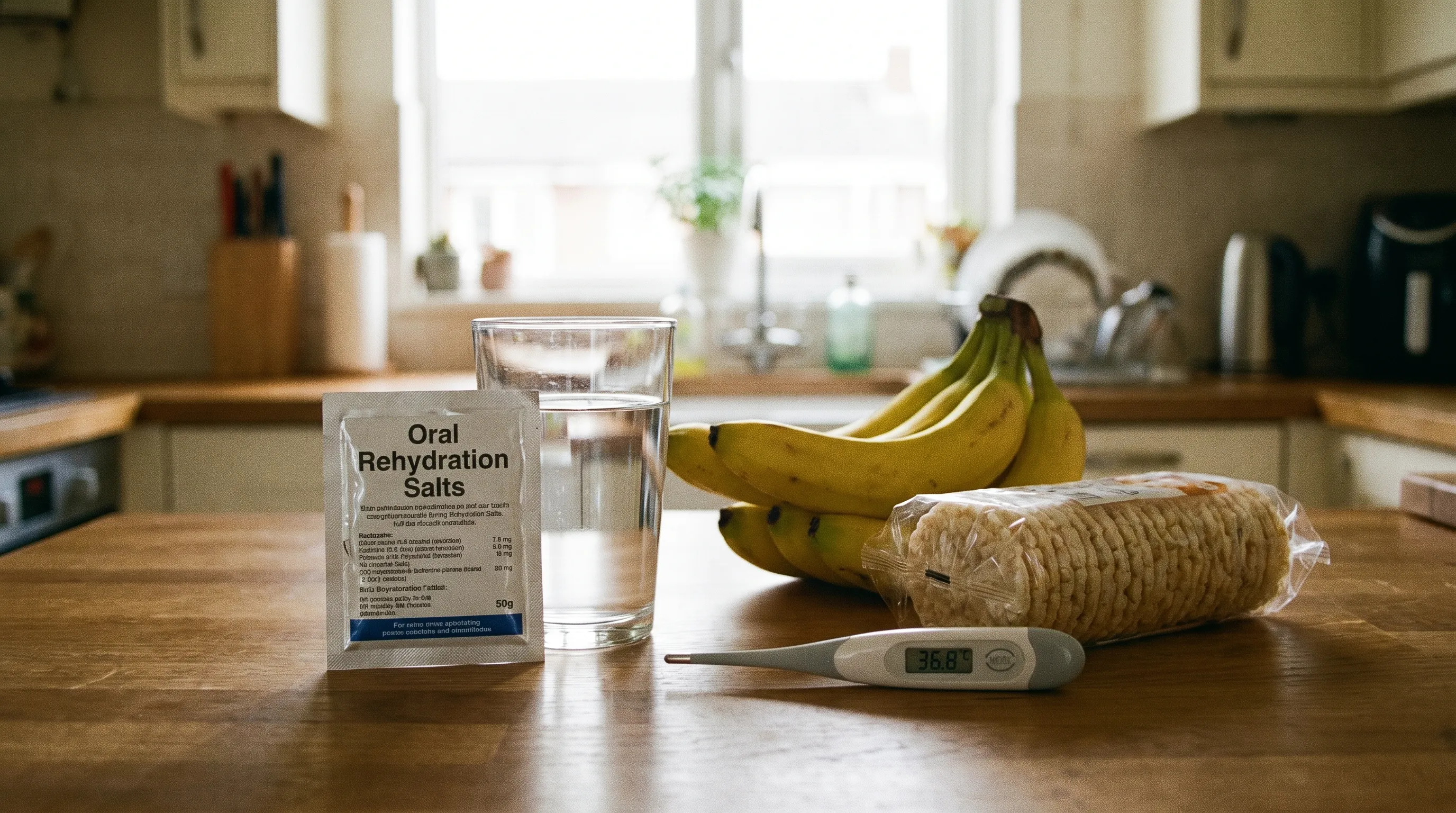 A kitchen counter displaying oral rehydration powder, clear water glass, bananas, rice crackers, and a digital thermometer arranged neatly for symptom recovery, soft daylight, clean composition