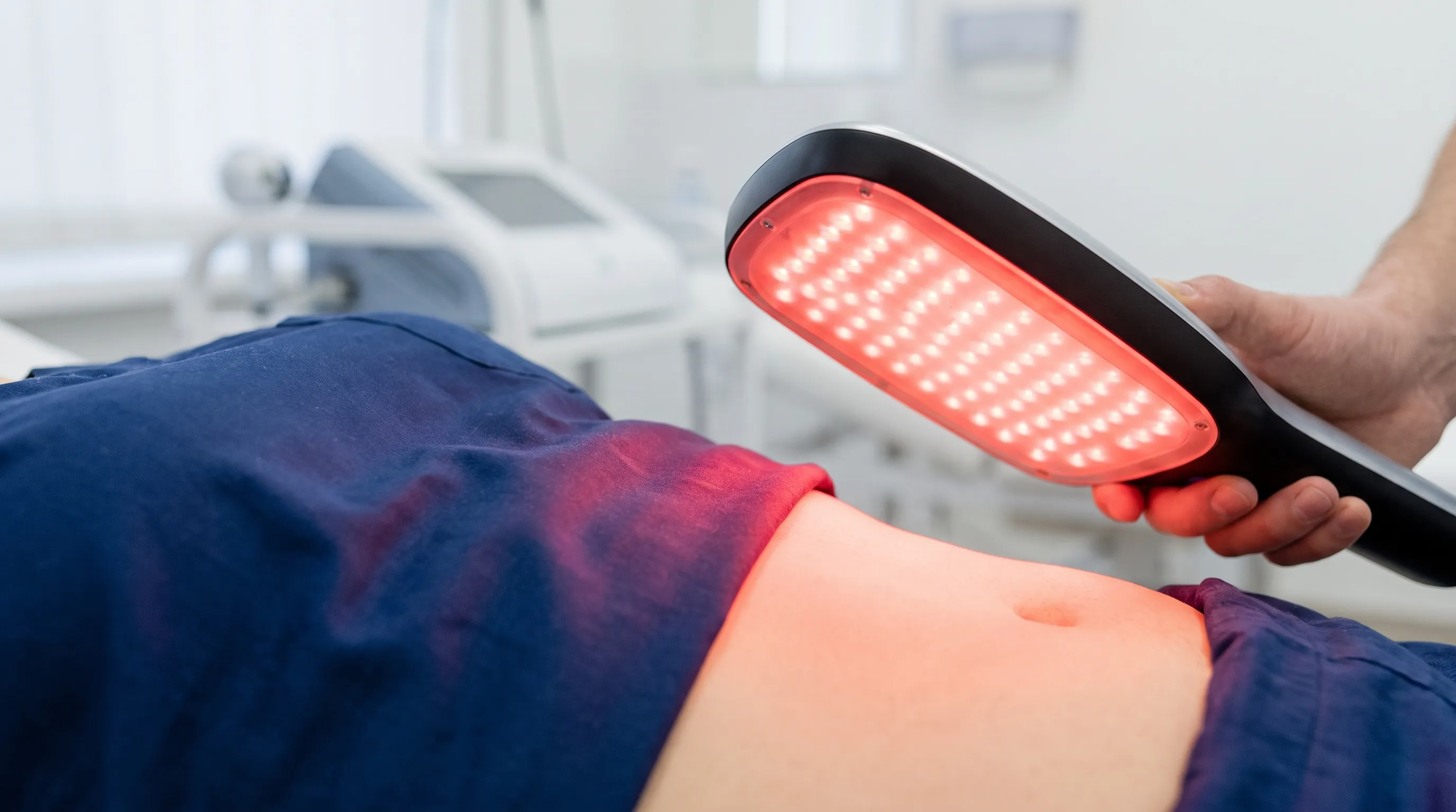 Clinical wellness session demonstrating professional photobiomodulation device usage for targeted body composition support