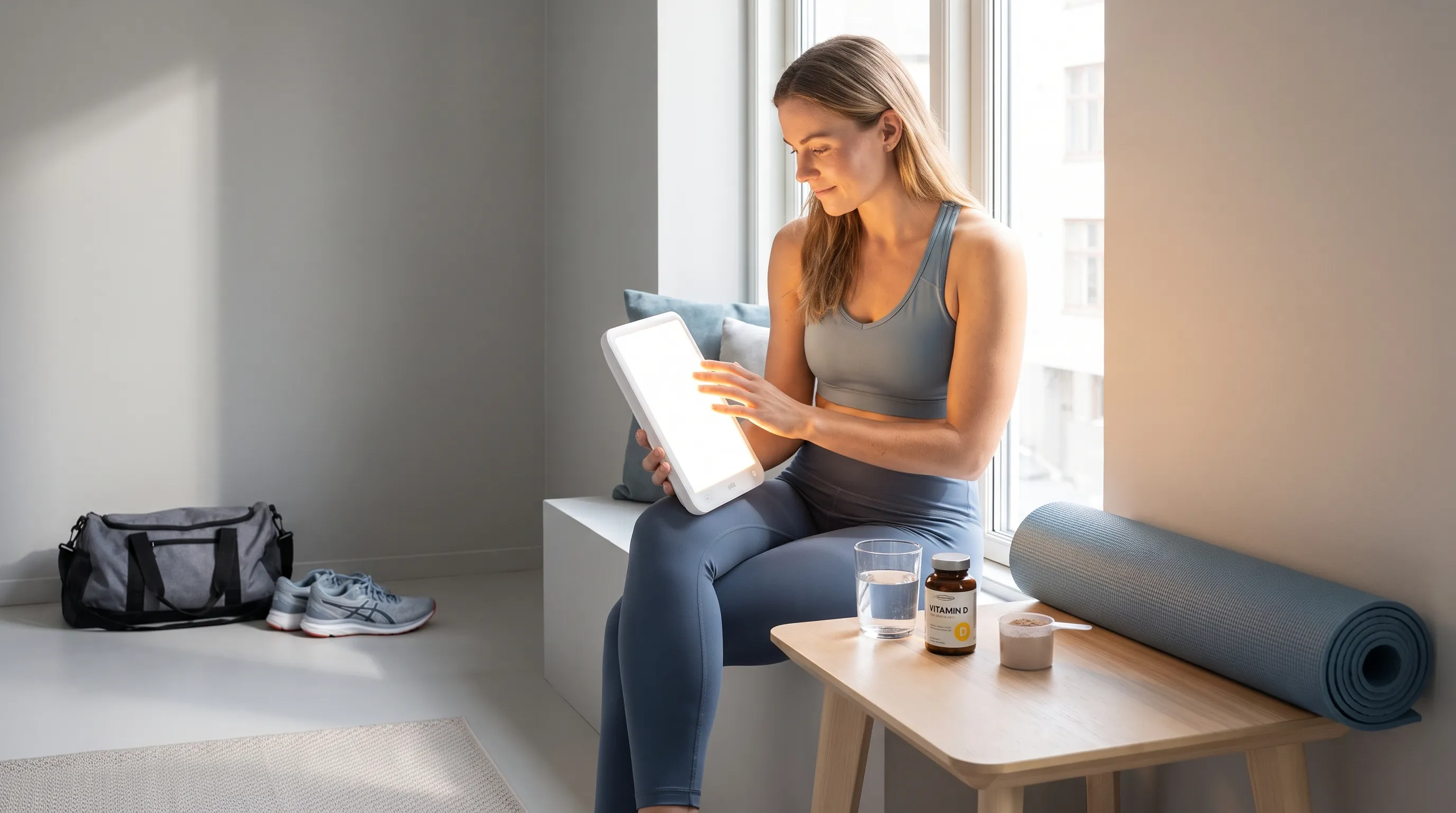 Person reviewing photobiomodulation device specifications alongside a healthcare professional in a modern wellness consultation setting