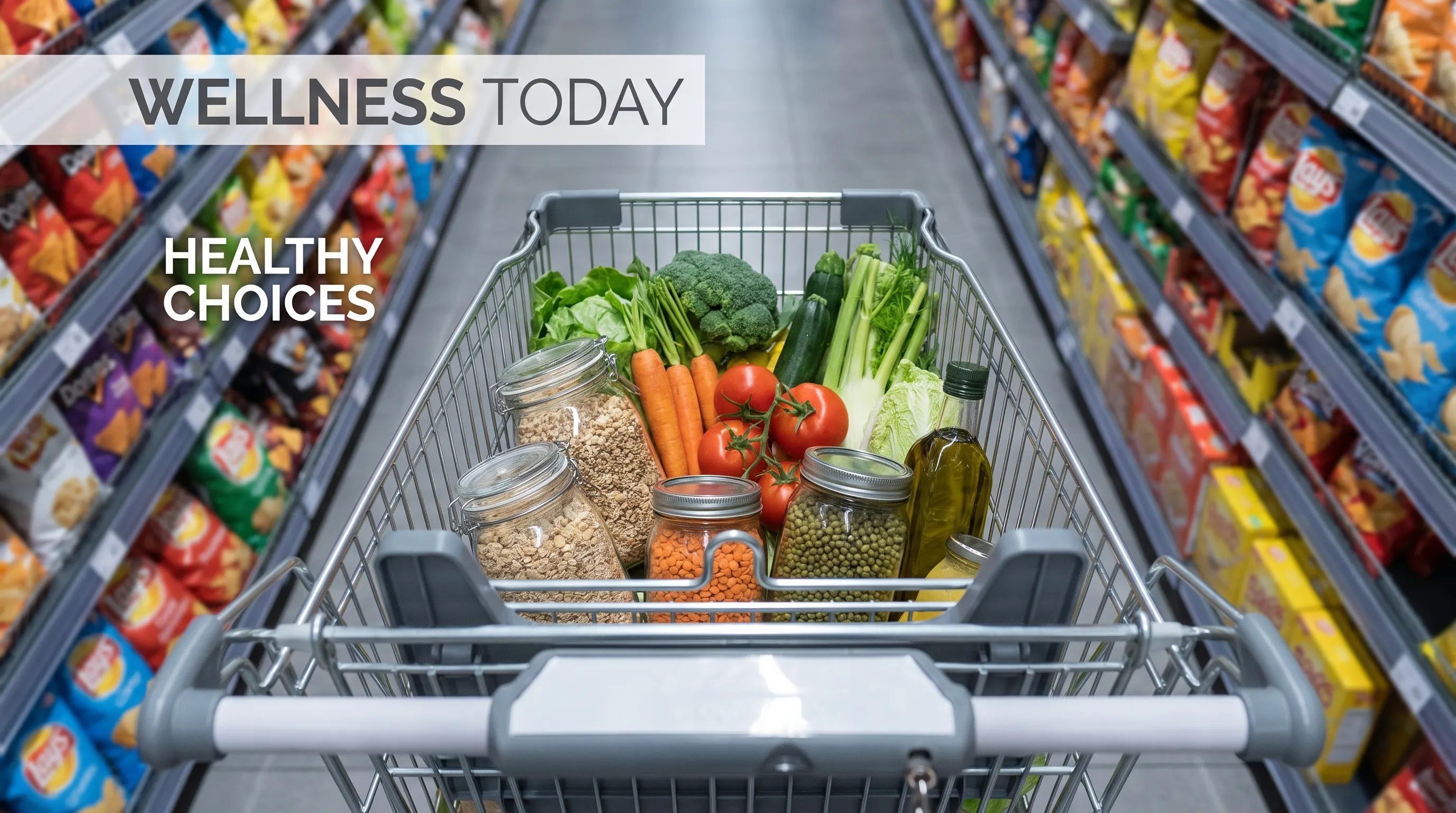 A detailed overhead shot of a modern grocery cart containing colorful vegetables, whole grains, legumes, and olive oil, contrasted with a blurred background of processed packaged snacks. Gray and blue color grading, professional health magazine style.