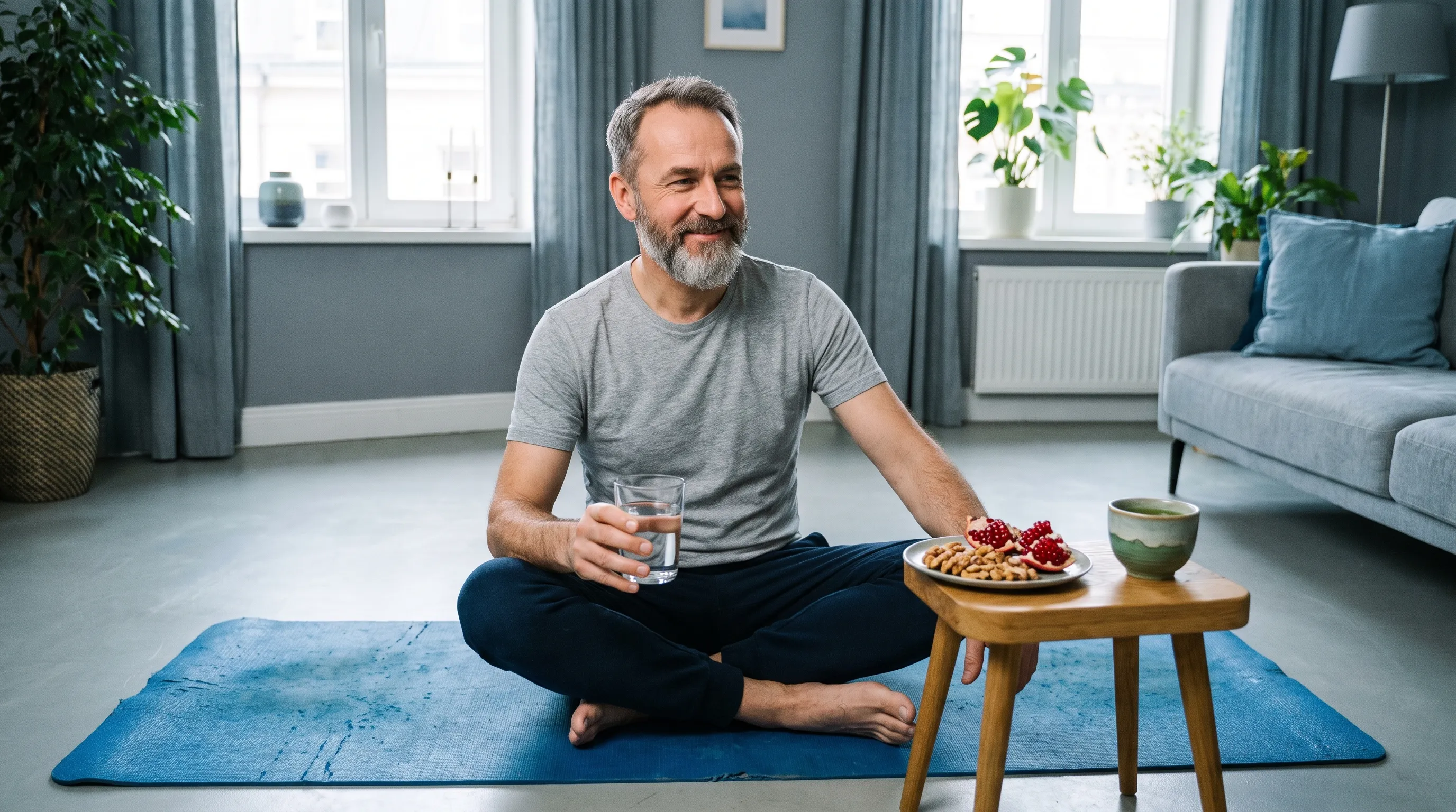 A middle-aged man sitting comfortably on a yoga mat in a well-lit living room, holding a glass of water next to a plate of walnuts, pomegranate seeds, and green tea. Calm, restorative atmosphere, gray and blue tones, 4:3 ratio.
