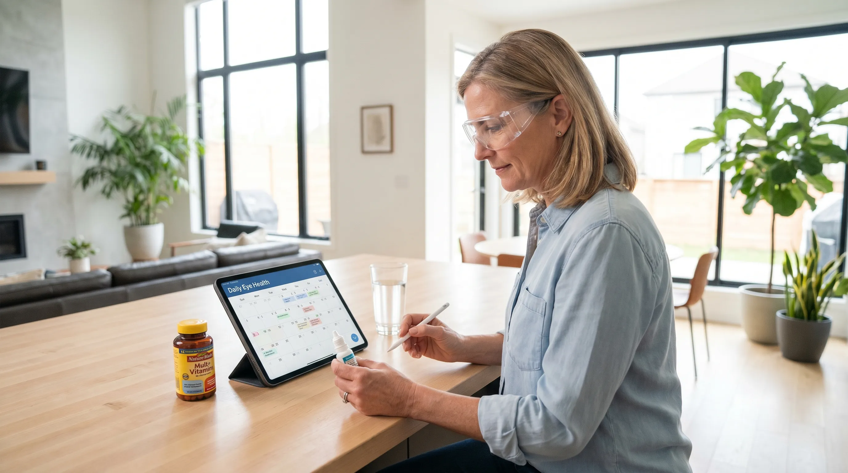 A healthcare professional demonstrating proper ergonomic workstation setup and screen positioning to a patient, emphasizing eye health during digital work in a softly lit office