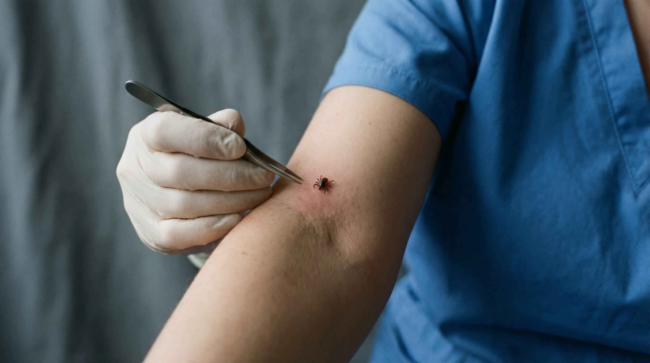 A close-up image of a tick attached to human skin, illustrating how small and tricky ticks can be to remove.