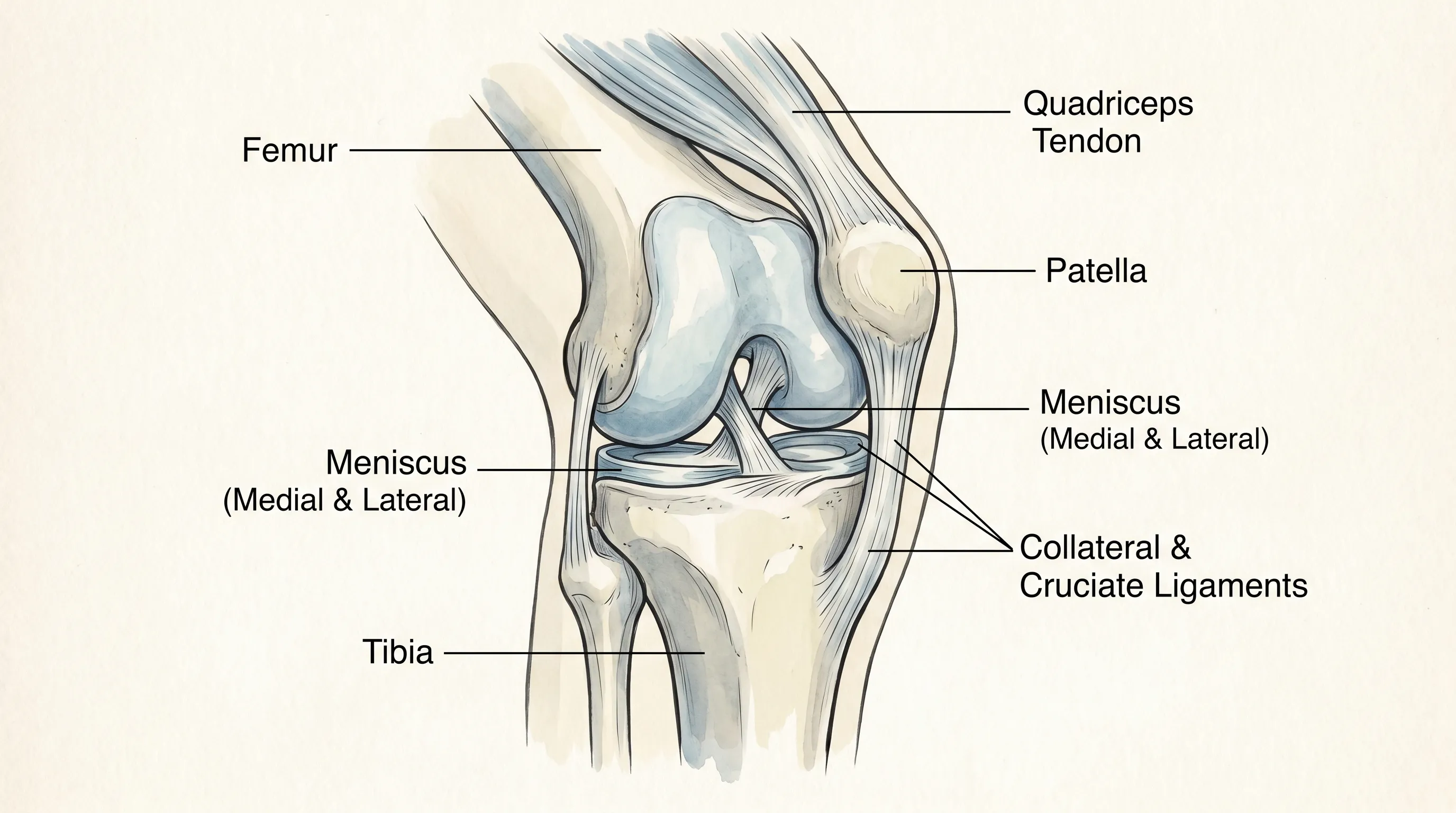 Anatomical illustration showing knee joint structures including patella, menisci, ligaments, and tendons with clear medical labeling