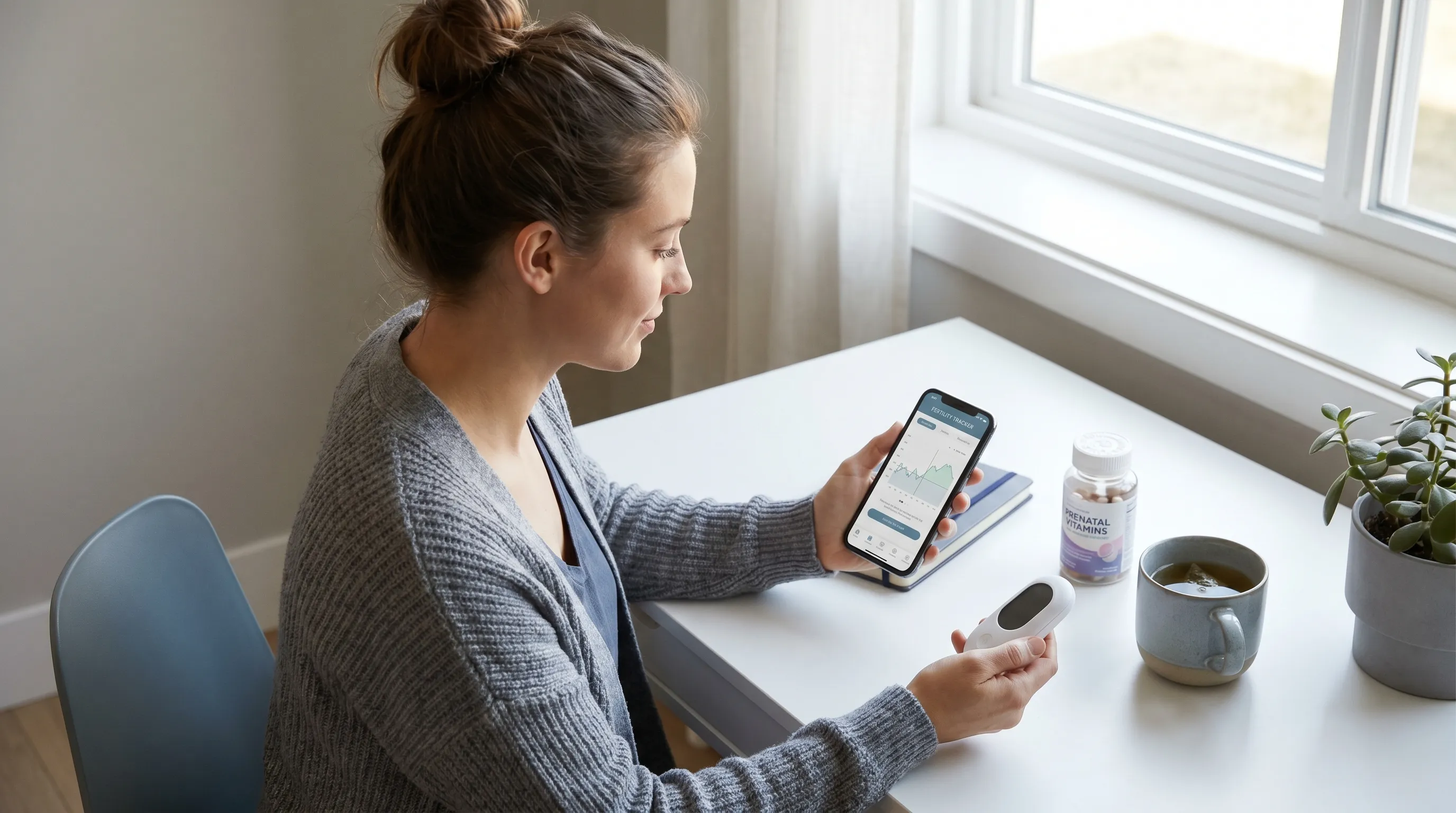 A woman reviewing her menstrual cycle tracking data with a reproductive health specialist in a calm, modern clinic environment
