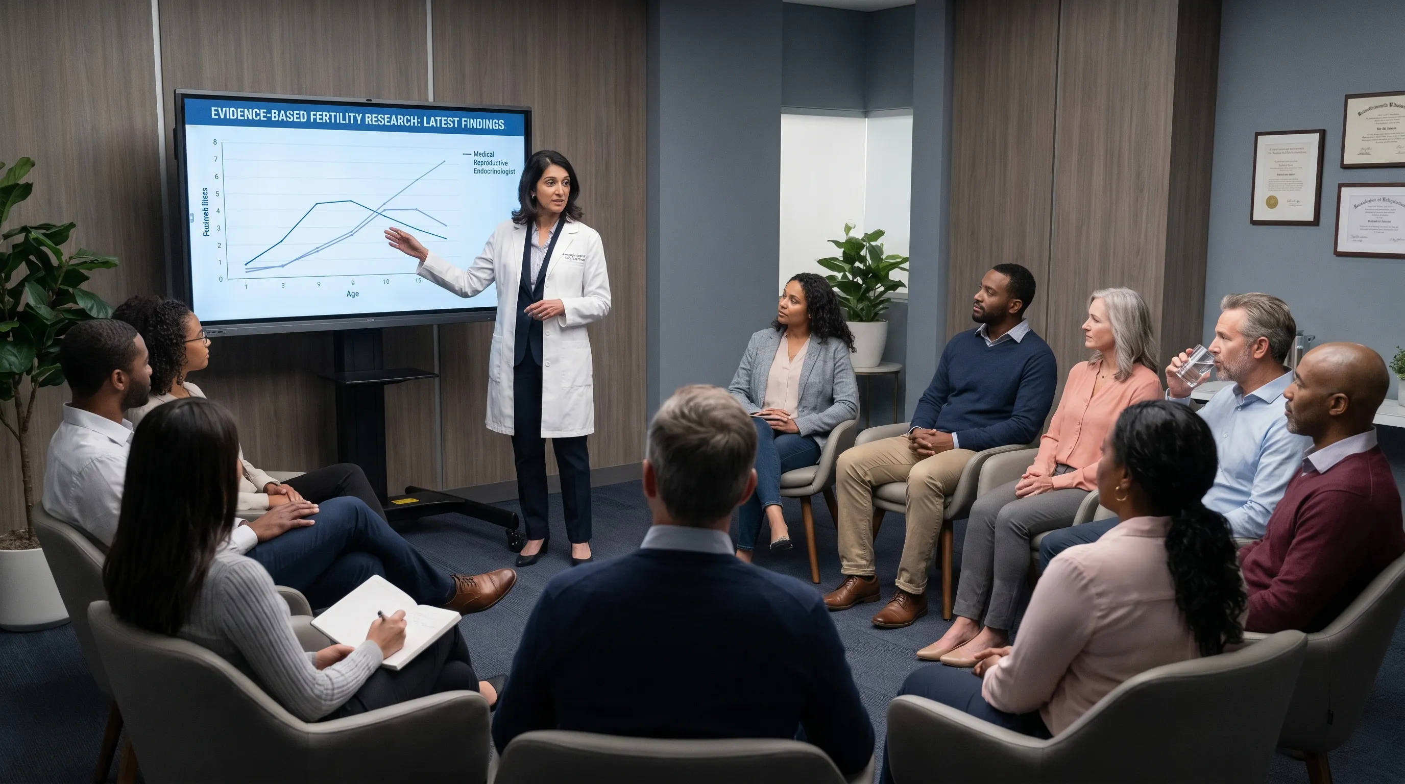 A supportive clinical consultation scene showing a diverse patient group in a wellness seminar, with a reproductive endocrinologist presenting evidence-based fertility research on a digital screen, calm atmosphere, professional healthcare environment, gray and navy color grading, photorealistic style, 16:9 aspect ratio