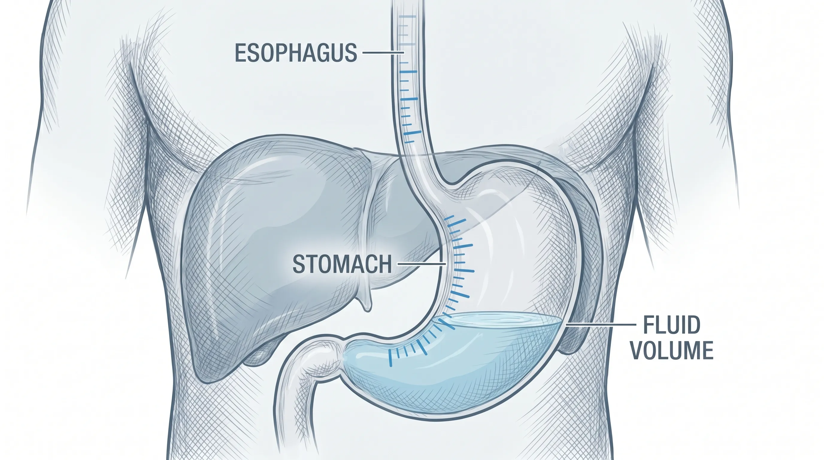 Anatomische Darstellung von Magen, LES und Flüssigkeitsvolumen, die den Refluxdruck beeinflussen