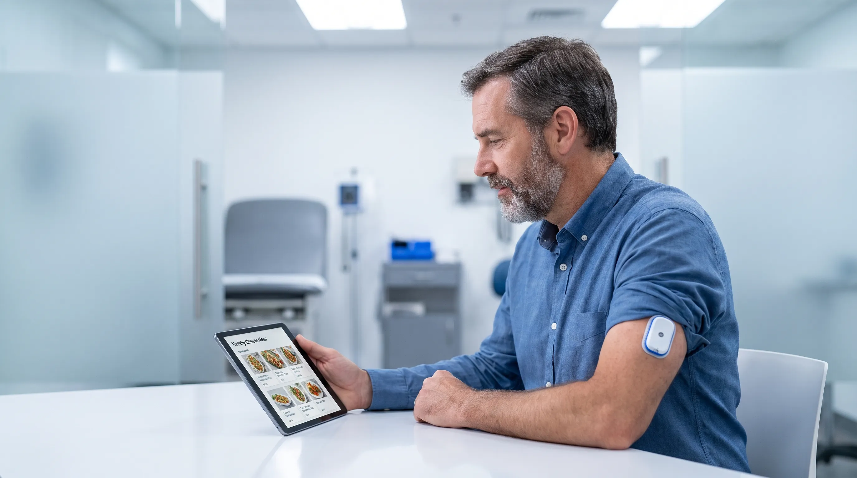 Adulte d’âge moyen consultant une tablette de menu numérique à une table de restaurant moderne à service rapide tout en vérifiant un lecteur de glucose en continu à son poignet