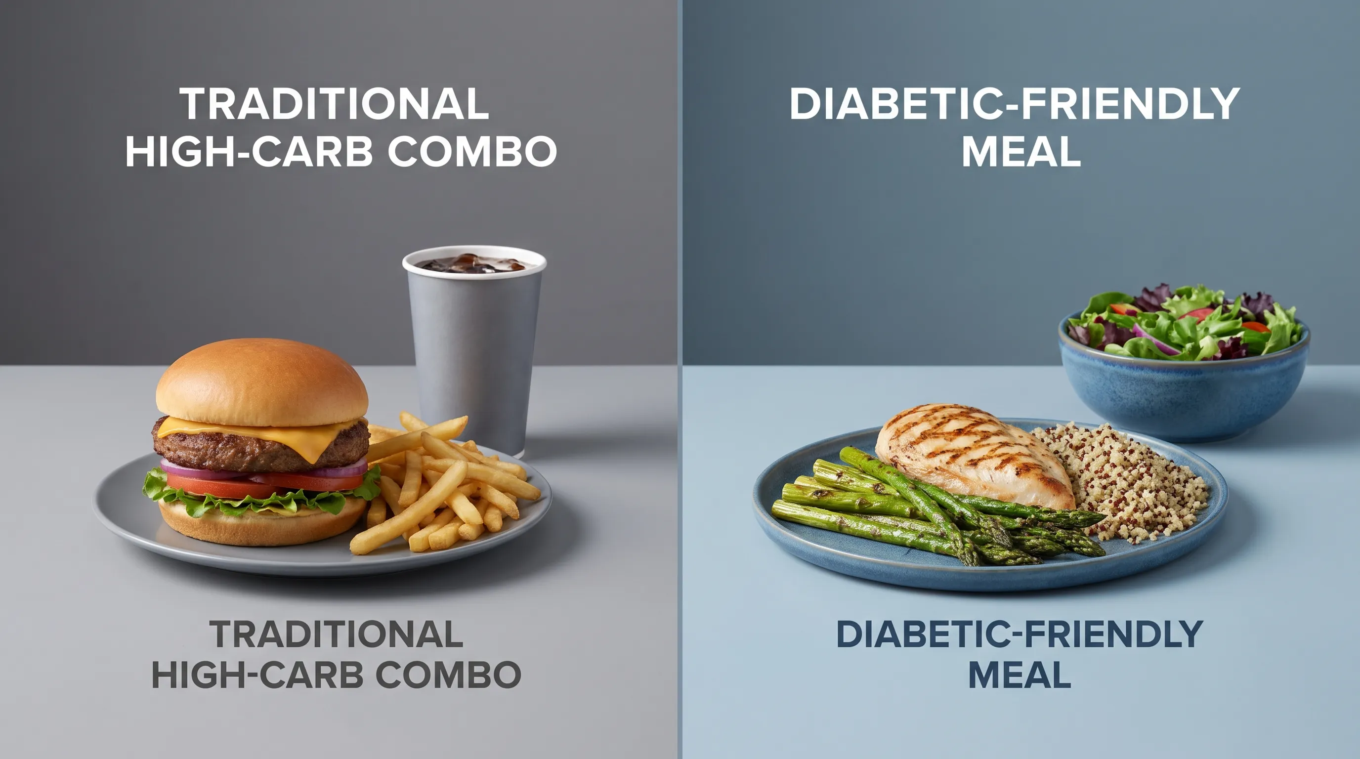 Comparaison en écran partagé d’un menu traditionnel de restauration rapide riche en glucides et d’une solution soigneusement composée, adaptée au diabète, avec poulet grillé, légumes frais variés et une petite portion de céréales complètes